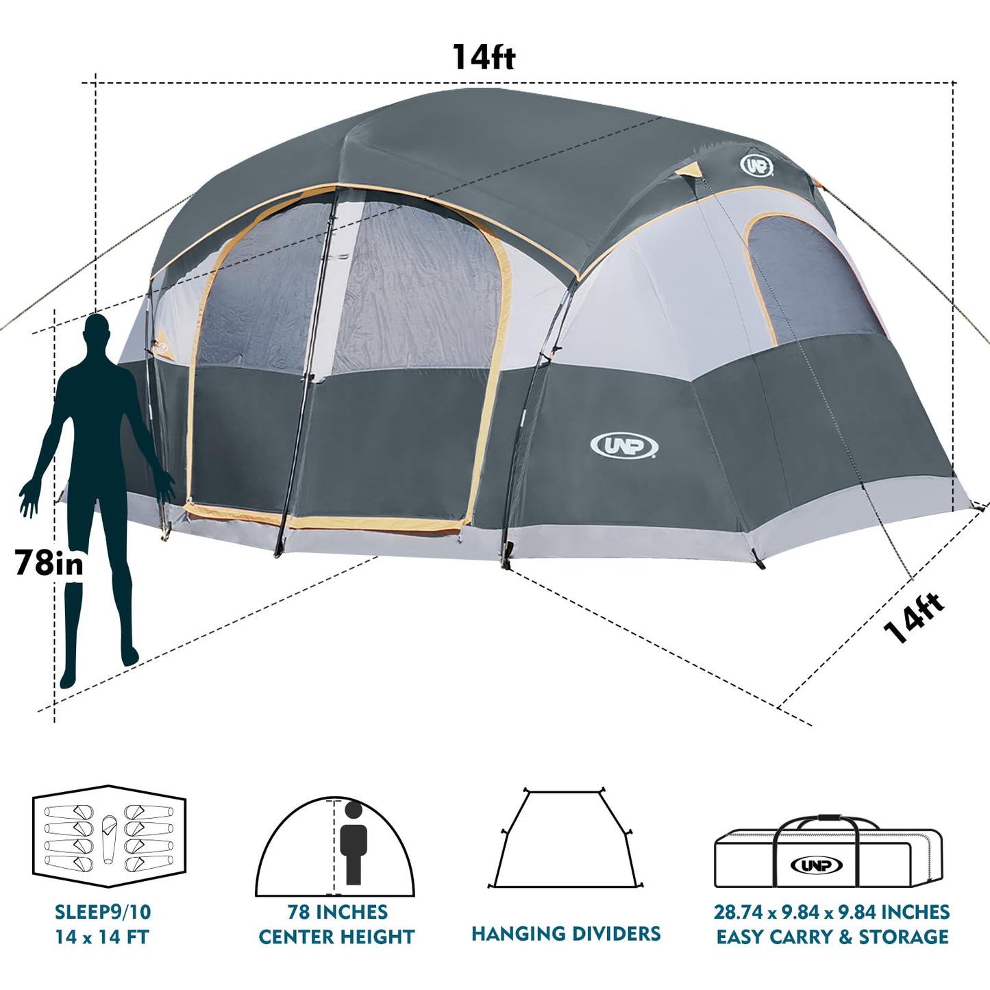 UNP Camping Tent 8/9 Person, Family Camping Tent, 5 Large Ventilation Mesh Windows, 14'x14'x78 inches Tall with Dividers Curtain for 2 Room
