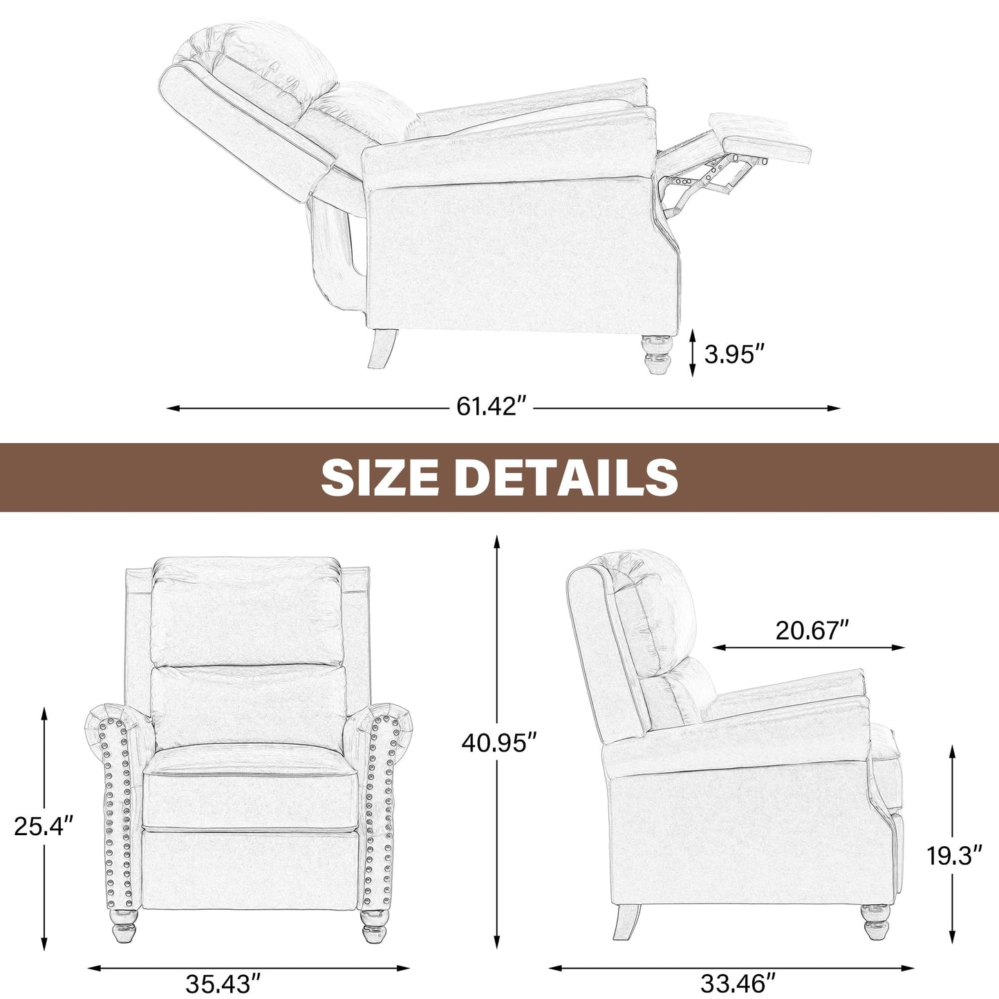 UIXE Pushback Recliner Chairs Set of 2, Fabric Armchair Push Back Accent Chair, Rivet Trim Club Chair Home Theater Overstuffed Single Sofa Reading Seat for Living Room, Stripe Blue