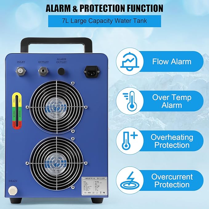 CW-5000 Industrial Water Chiller, 7L 1.14HP 2.64gpm CW-5000 Water Cooling System for 40W 50W 60W 70W 80W 90W 100W CO2 Laser Engraving & Cutting Machines, Laser Chiller Cools 3868 BTU/Hour