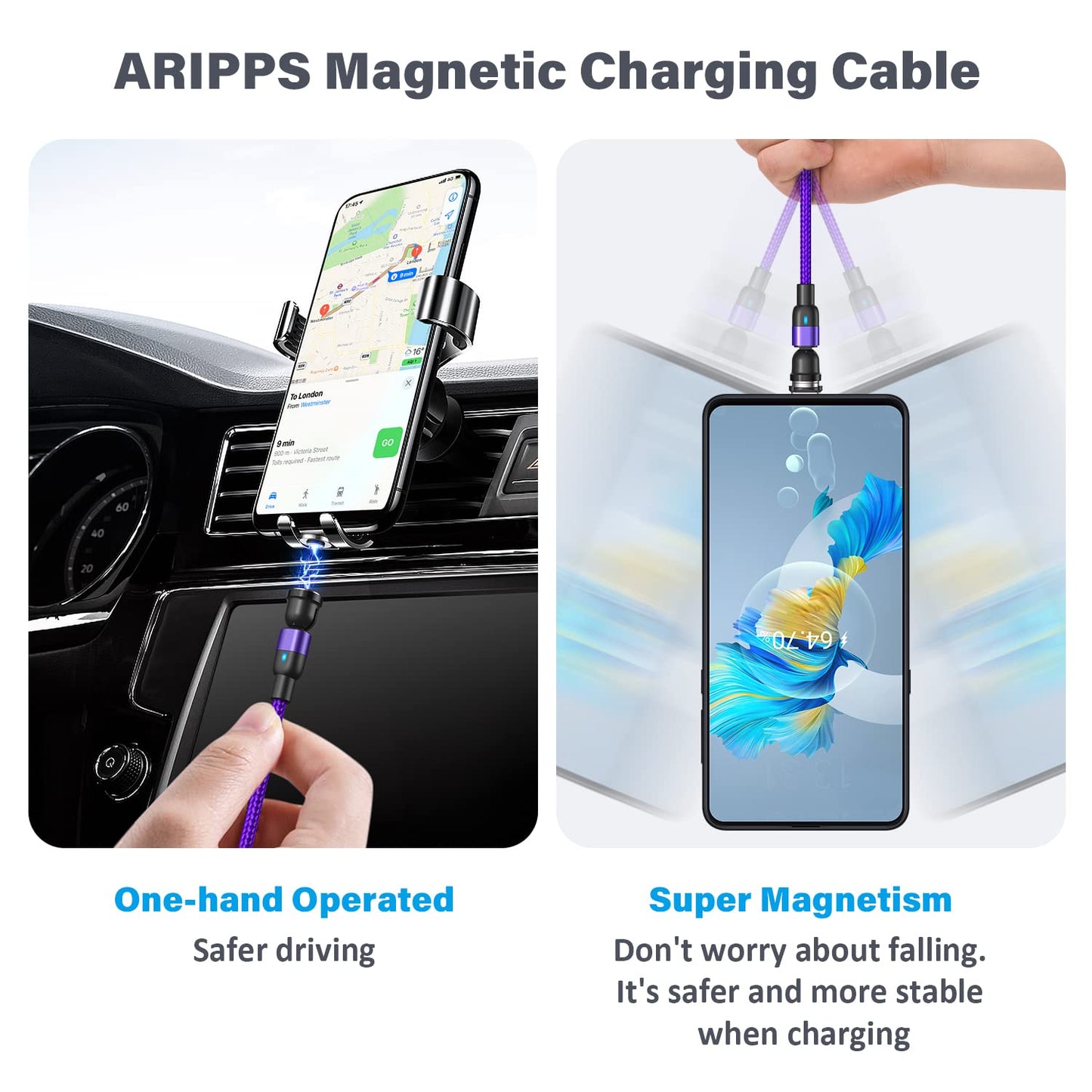 Aripps Magnetic Charging Cable 4 Pack (3.3ft/6.6ft/6.6ft/10ft), 540 Degree Rotating Magnet Phone Charger Cable, 3 in 1 Nylon Magnetic USB Cable for Micro,Type C and iProduct Device