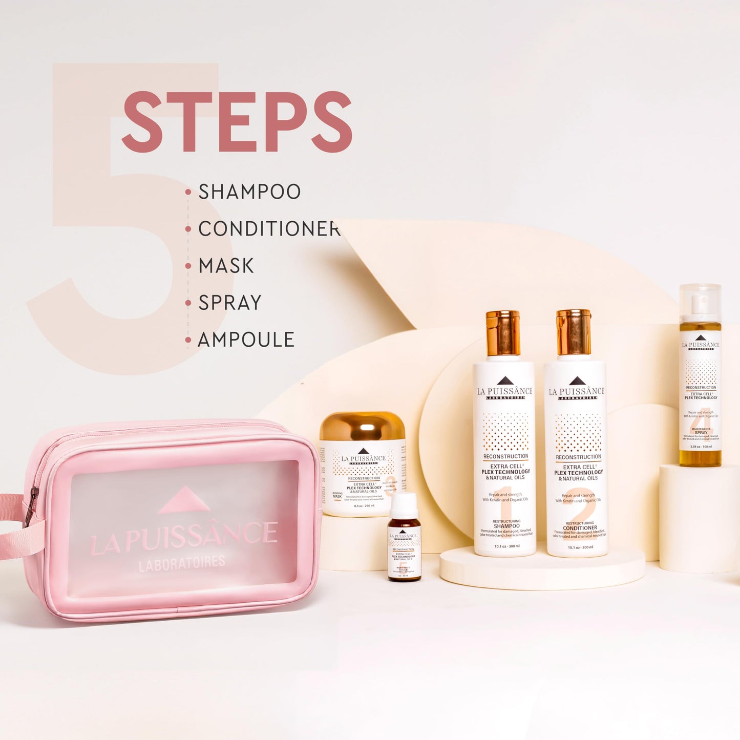 LA PUISSANCE Extra Cell Plex Complete Hair Repair - 5-Step Deep Repair Kit for Severely Damaged Hair - Includes Shampoo, Conditioner, Mask, Spray, Ampoule - For Home and Salone Use