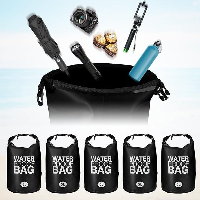 Jexine 10 Pack Dry Bag Waterproof, 5L Ultralight Dry Sacks Roll Top Storage Bag Backpack Camping Portable Outdoor Bags Keep Gear for Backpacking Kayaking Hiking Swimming Fishing Boating(Black)