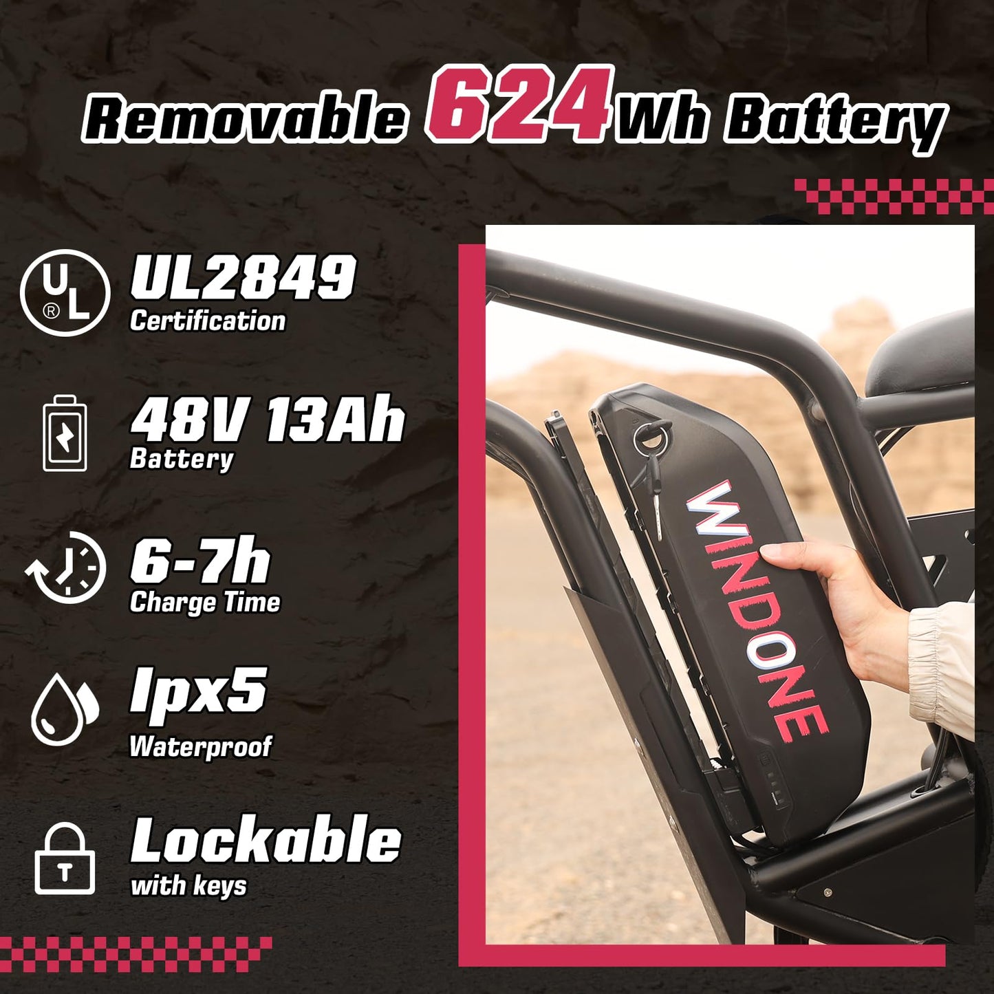 Windone E2 Electric Bike for Adults, Full Suspension, 48V13Ah Removable Battery, Up to 28MPH & 46.6 Miles (PAS), 750W Ebike with All-Terrain 4.0" Fat Tires, Cruise Control, UL Certified, Moped E-Bike