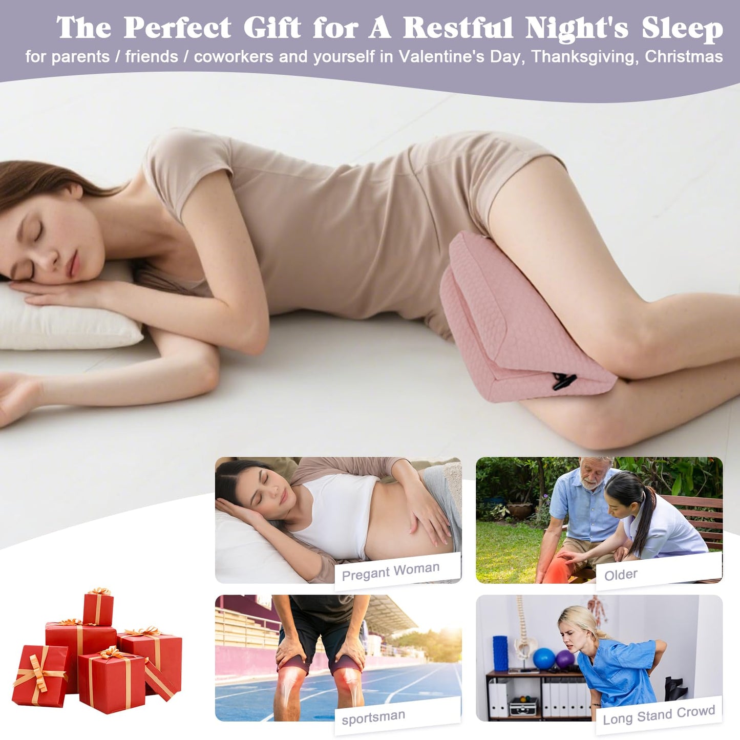 RoamReady Knee Pillow for Side Sleepers, Leg Support Pillow for Hip Pain Smooth Spine Alignment for Better Sleep, Ideal Pillows for Side Sleeping Knee and Back Pain Relief, Pink