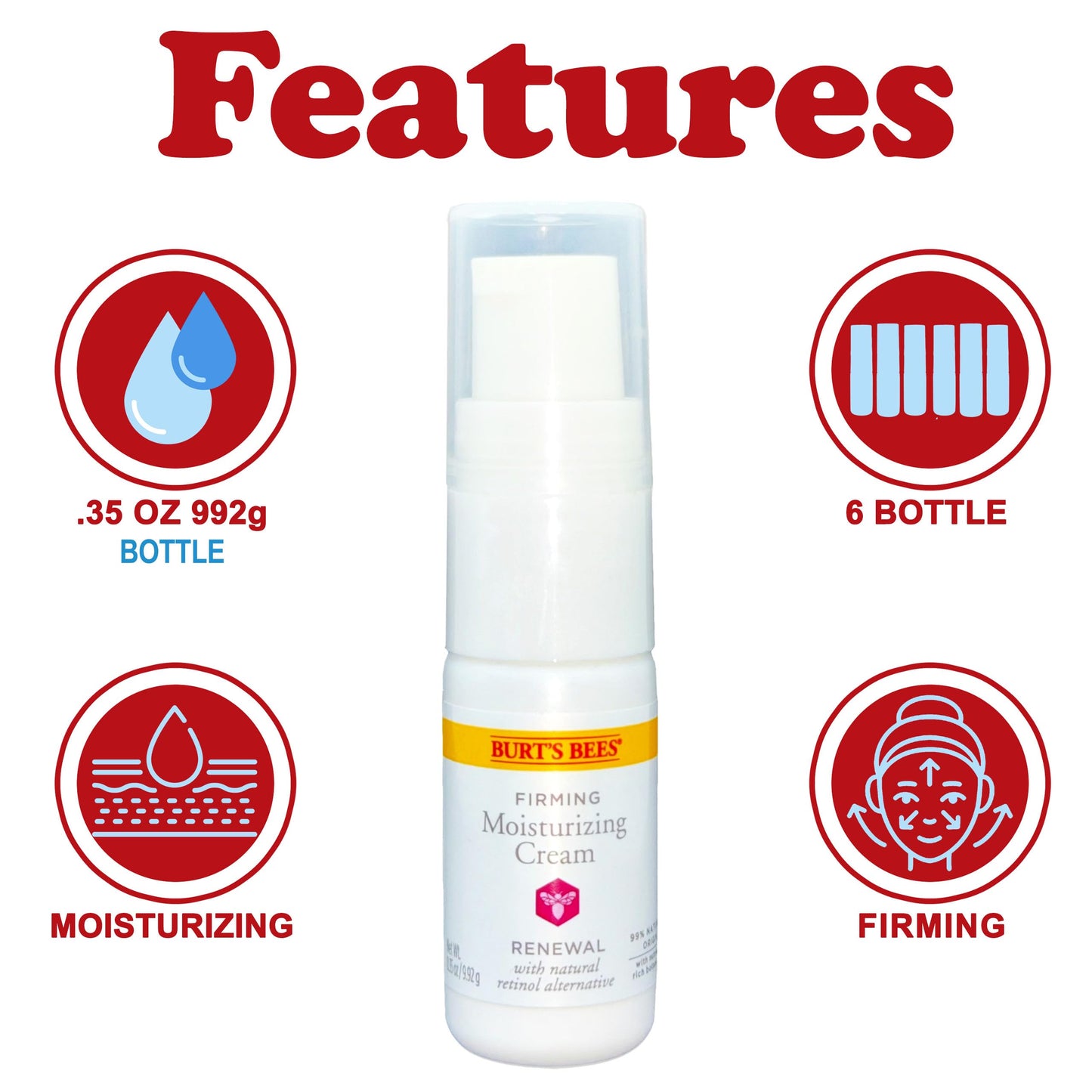 Burt's Bees Renewal Firming Moisturizing Cream, 6-Pack (0.35 oz Each), Hydrating Daily Moisturizer Facial Cream with Bakuchiol Natural Retinol Alternative, Fragrance Free, Travel Size