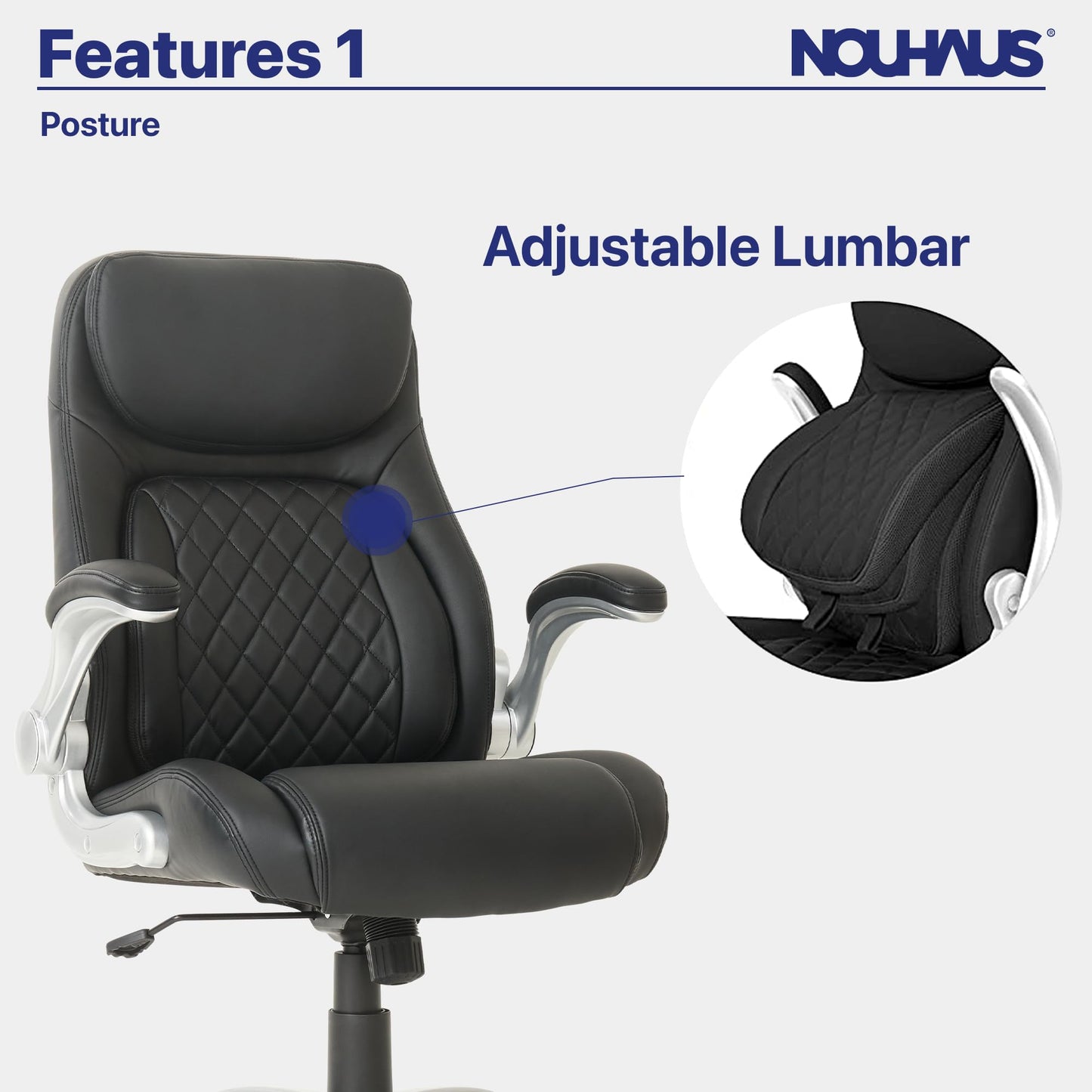 Nouhaus +Posture Ergonomic PU Leather Office Chair. Click5 Lumbar Support with FlipAdjust Armrests. Modern Executive Chair and Computer Desk Chair (Black)