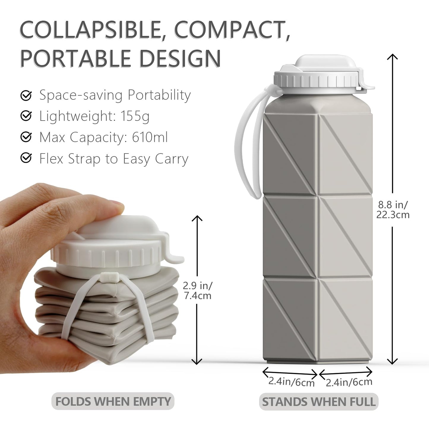 BEAUTAIL Collapsible Water Bottles with Straw, Silicone Foldable Portable Water Bottle 610ml Lightweight Reusable Leakproof for Travel Camping Hiking Cycling Yoga Sports, 1 Pack (Starlight)