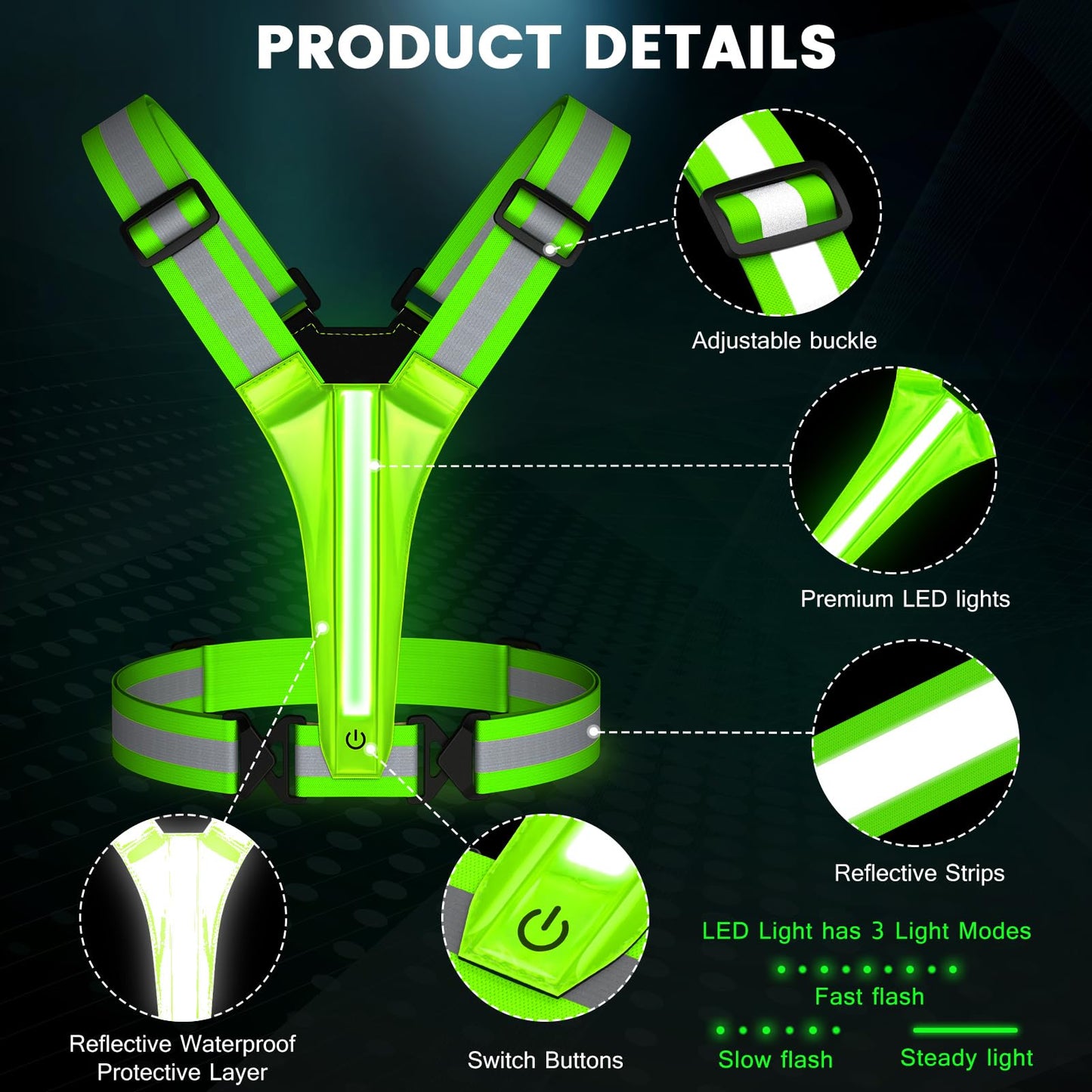 Fokia Kunbio LED Reflective Running Vest Gear,Light Up Vest Runners Night Walking USB Rechargeable,Up to 11hrs Light with Adjustable Waist/Shoulder for Women Men Kids (Green)
