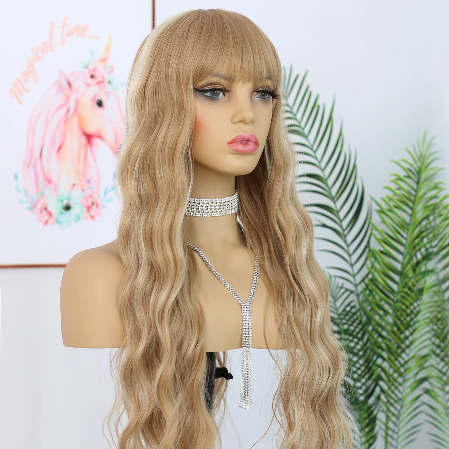 ANDRIA Blonde Wig Brown with Blonde Stripe Highlight Long Loose Curly Wavy Wig with Bangs Synthetic Heat Resistant Fiber Hair Colorful Wigs for White Women(Brown with Blonde Stripe Highlight)