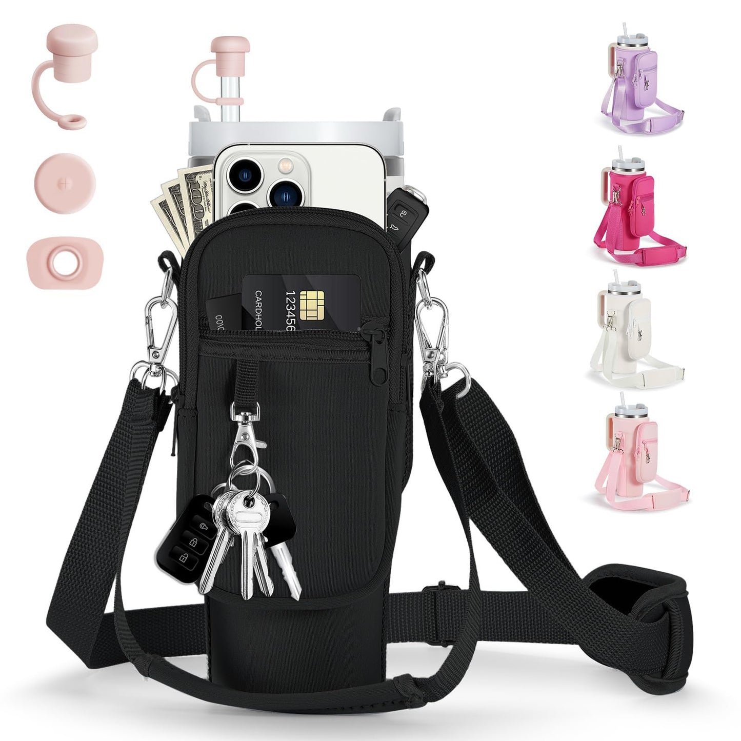 linmaya Water Bottle Carrier Bag with Phone Pocket for Stanley Cup 40/30oz,Insulated Neoprene Water Bottle Holder Cross-boday Bag with Adjustable Shoulder & Handheld Strap Stanley Cup Accessories