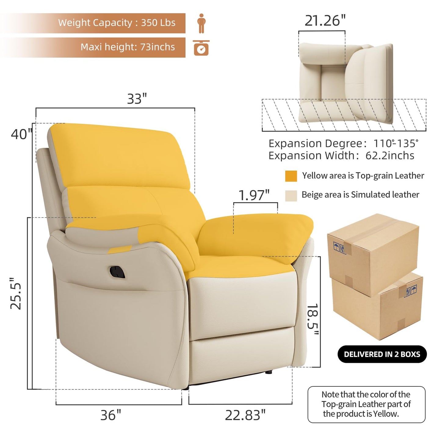 AIRSKY Genuine Leather Recliner Chair, Top Grain Leather, Italian Water-Washing Process, Recliner Chairs for Adults, for Living Room, Theater Seating, Bedroom. R1, Beige