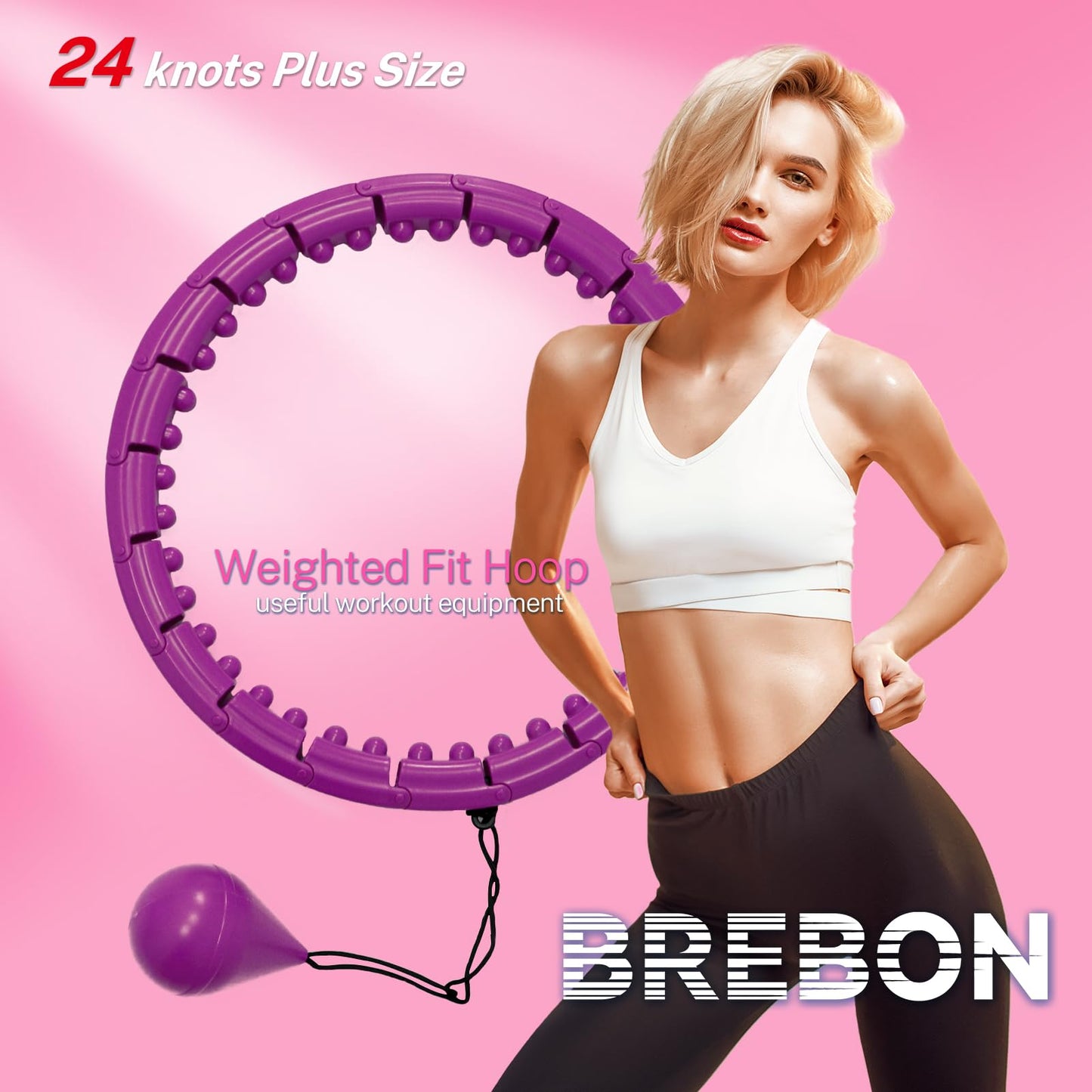 Brebon Weighted Hoola Infinity Exercise Fit Hoops Plus Size, 2 in 1 Weight Loss 24 Detachable Knots Hoops Adjustable Auto-Spinning Ball Abdomen Fitness Equipment for Adult, Purple