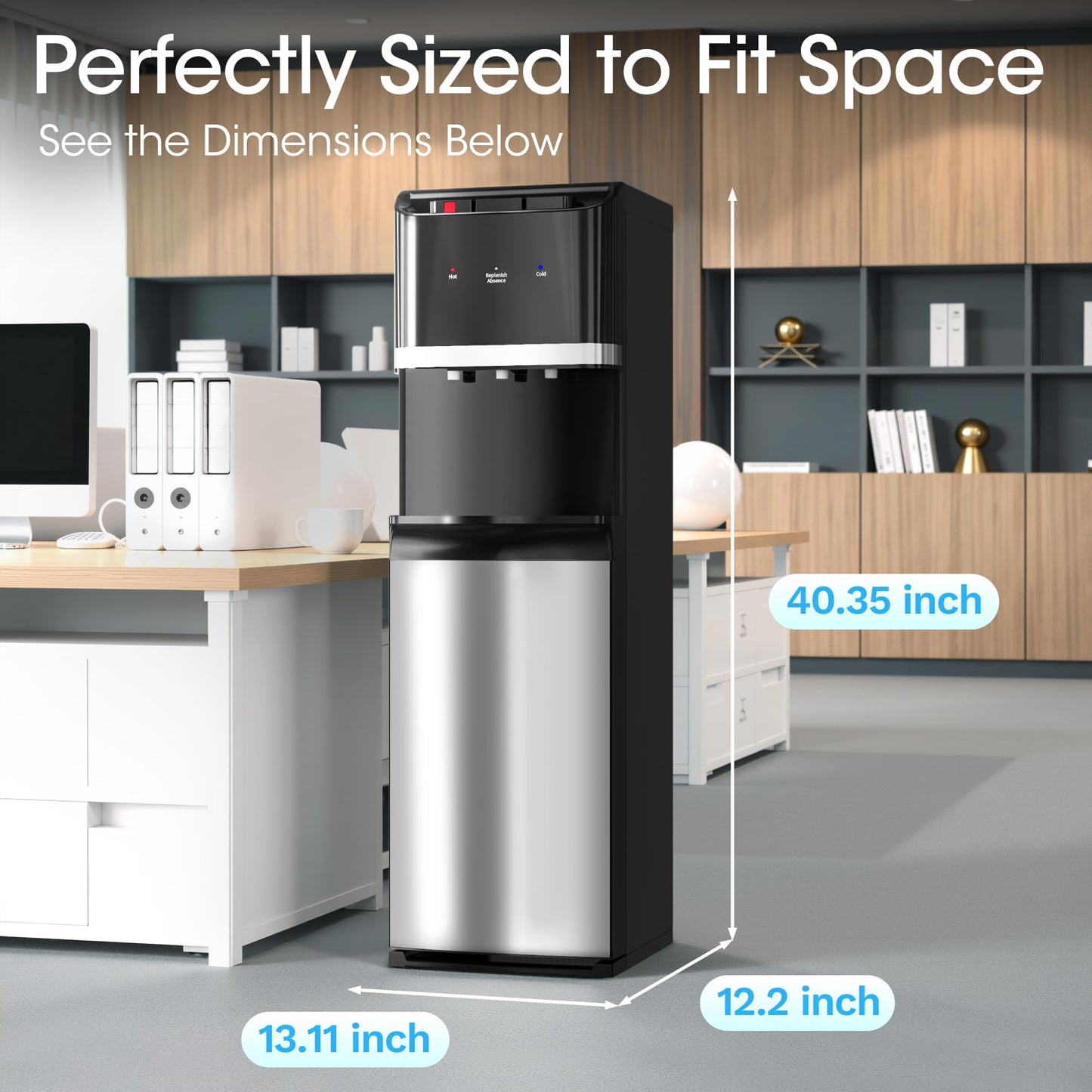 Manastin Bottom Loading Water Cooler Dispenser for 5 Gallon Bottles, Stainless Steel Water Cooler with 3 Temperature Settings - Hot, Cold & Room Water, Ideal Design for Home & Office, Jet Black