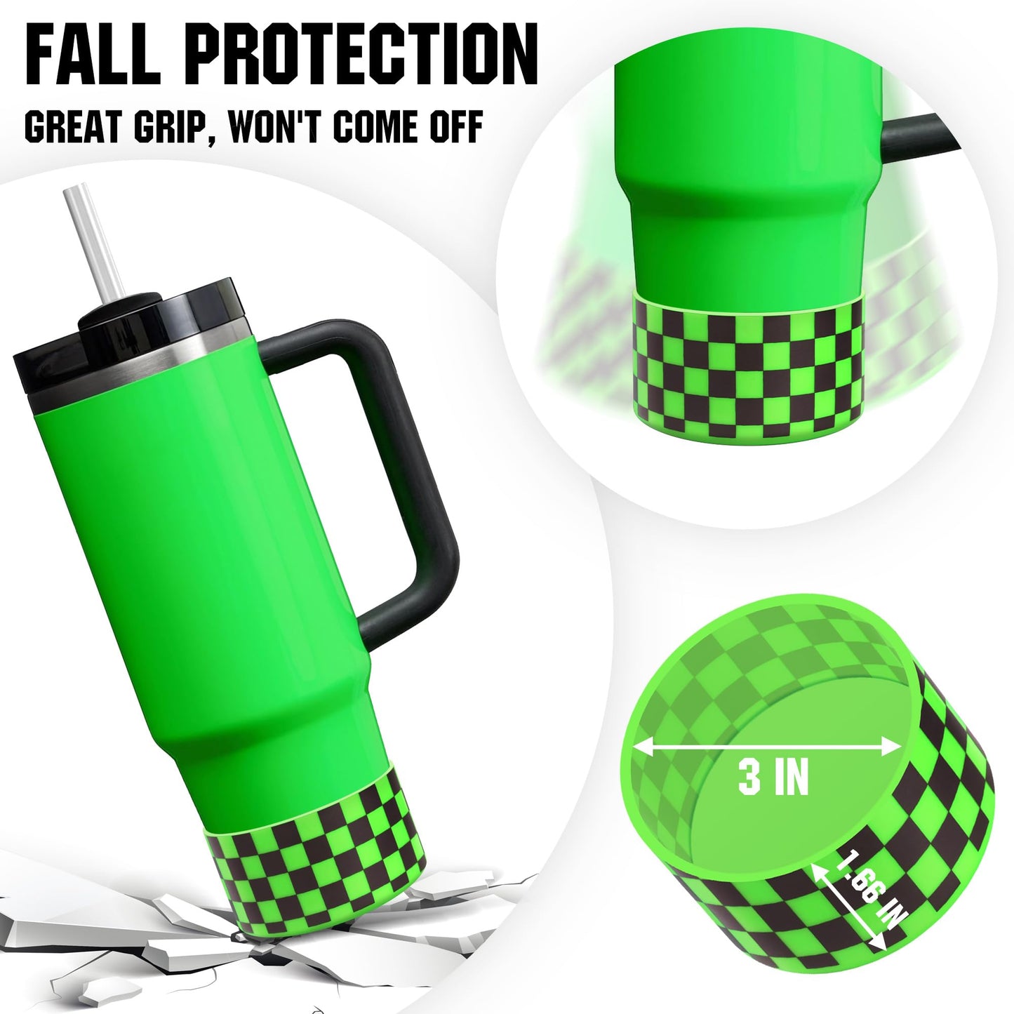 Neon Checkered Protective Silicone Boot for Stanley Tumbler 20-40oz, Made for Hydro Flask 12-24oz & Simple Modern 20-40oz, Antislip Sleeve for More Tumblers/Water Bottles of 2.8-2.95" Base, Neon Green