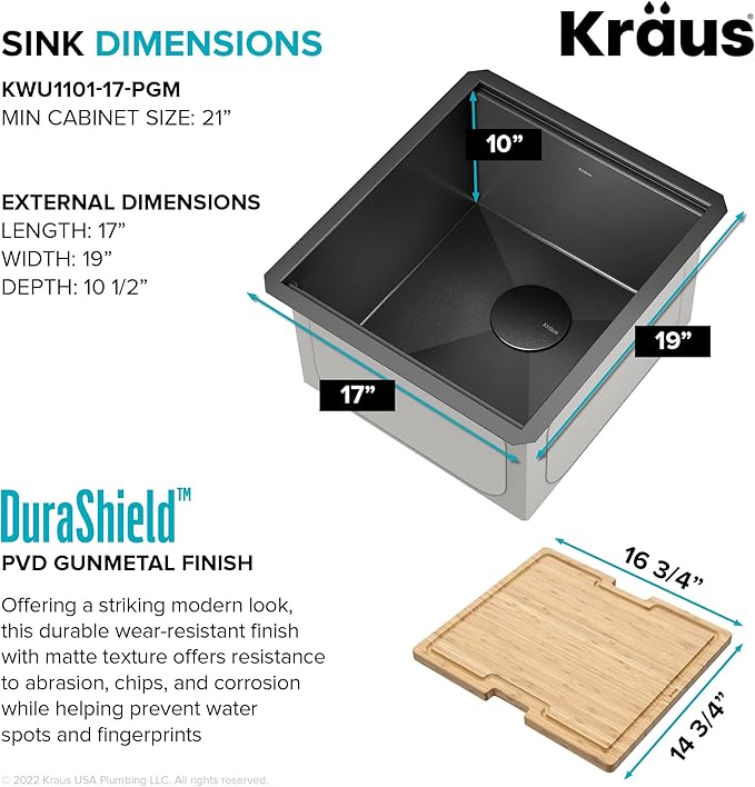 KRAUS Kore 17 Inch Undermount Workstation 16 Gauge Stainless Steel Single Bowl Kitchen Bar Sink n PVD Gunmetal Finish with Accessories, KWU1101-17-PGM