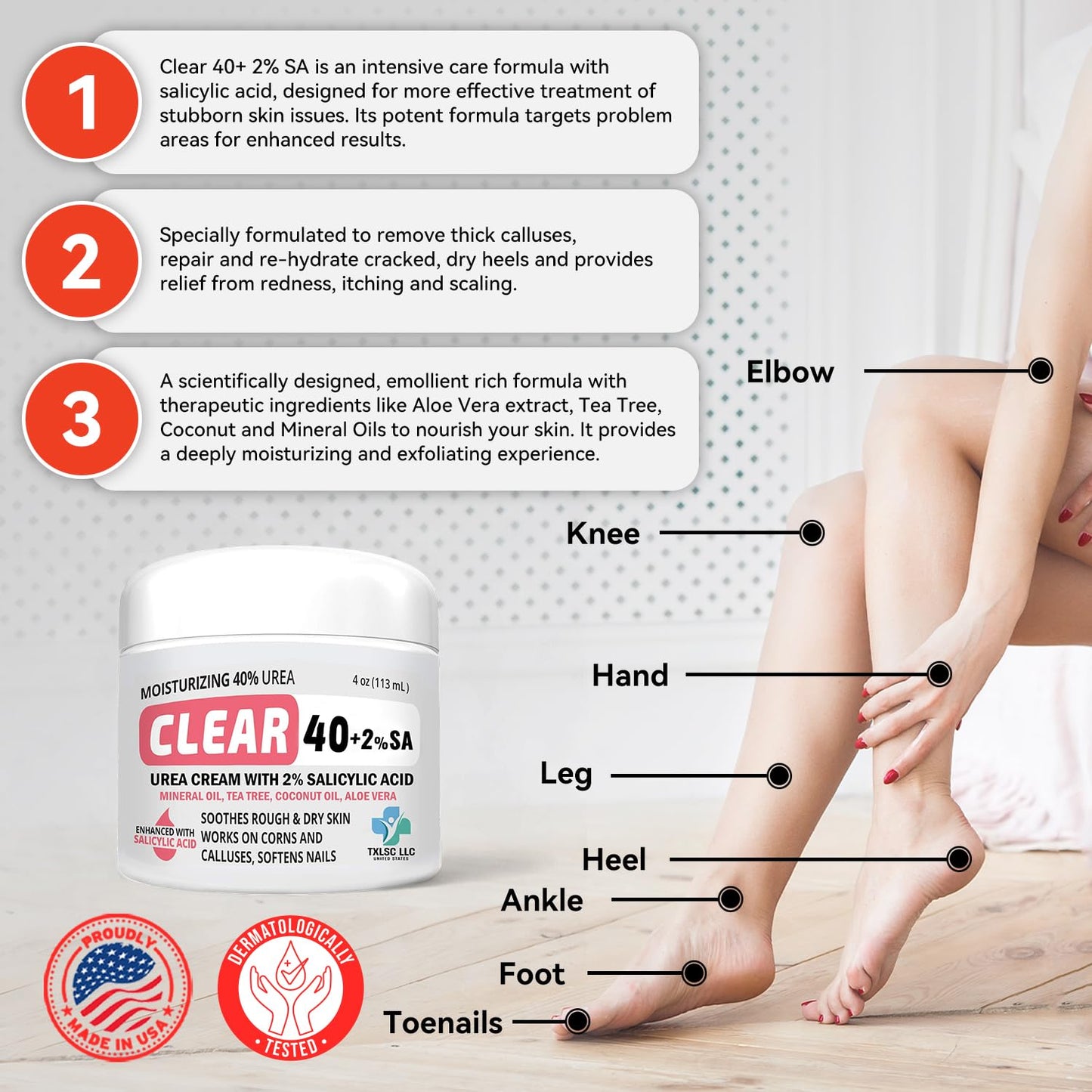 CLEAR Urea Cream 40 Percent Plus 2% Salicylic Acid (4oz) Made in USA | Urea Foot & Hand Cream Softens Cracked Heels & Dry Skin with Tea Tree & Coconut Oil - Callus & Corn Treatment