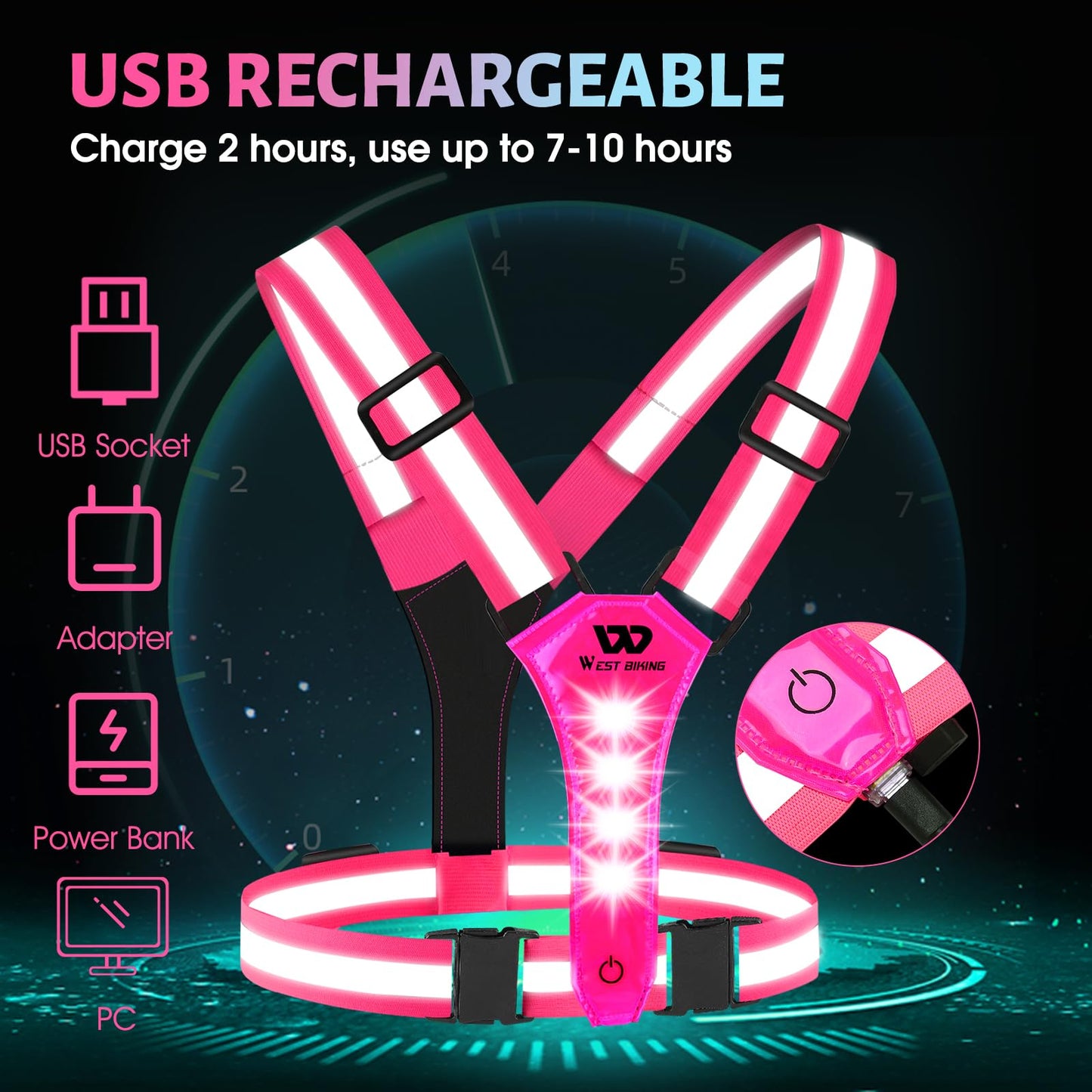 West Biking Running Vest Light - Led Running Reflective Gear for Walking at Night, High Visibility Night Rechargeable Light Up Running Vest, Adjustable Running Lights for Runners (Pink)