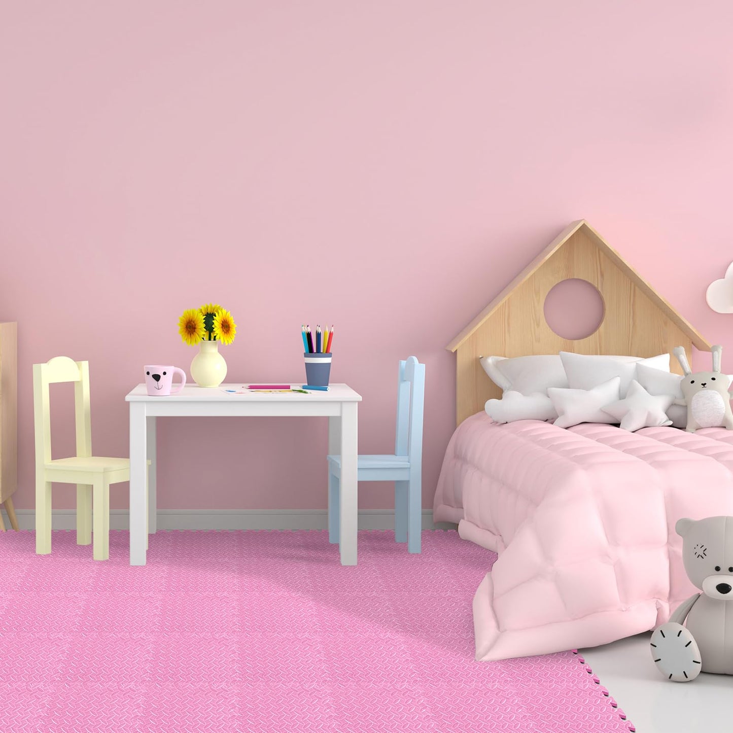 Shihanee Foam Floor Baby Tiles Foam Floor Mats Play Mats Bulk with Borders Interlocking for Kids Baby Playroom Nursery Gym (Light Pink,16ft)