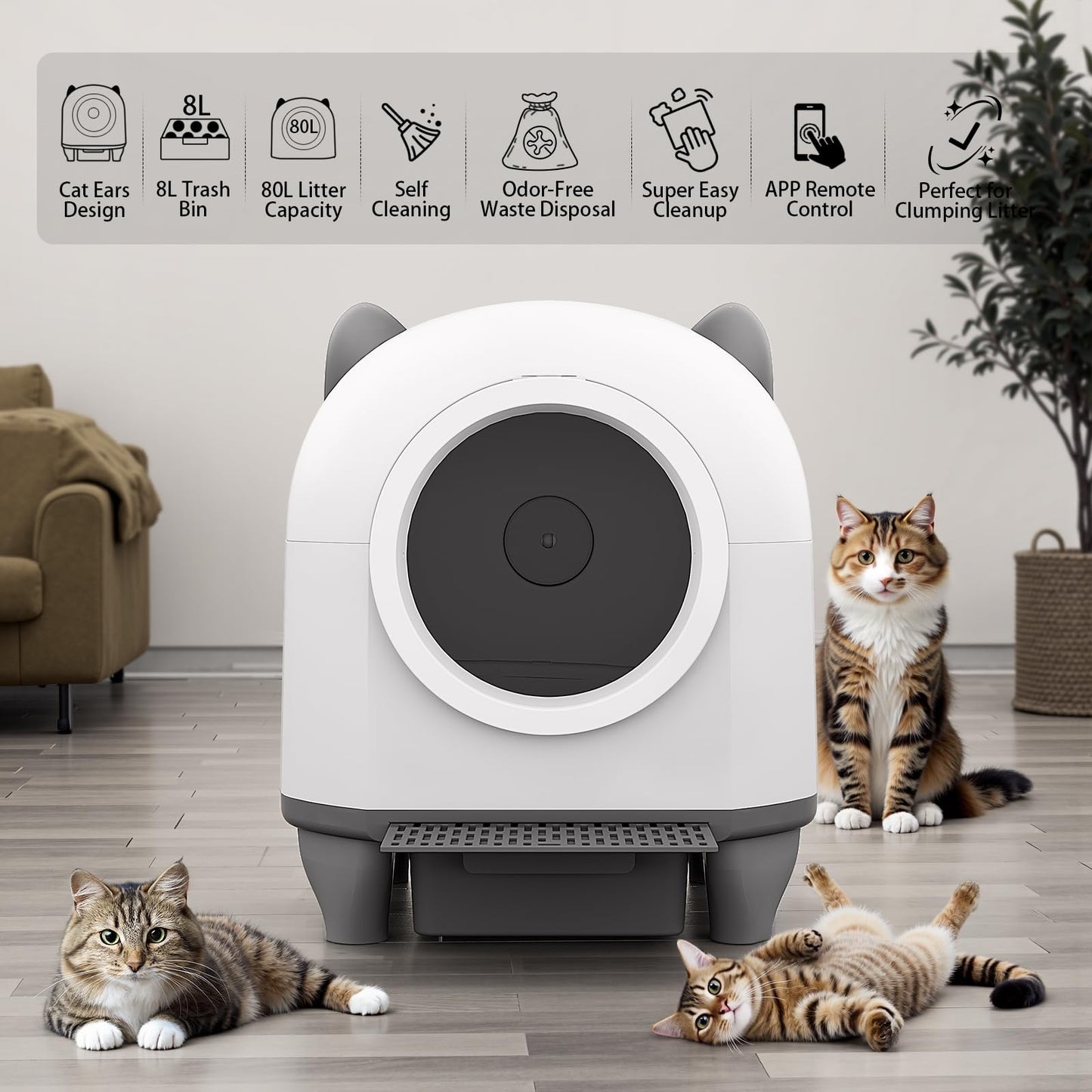 Aoktech Self Cleaning Litter Box, 80L Automatic Cat Litter Box Self Cleaning with APP Control, Odor Control, Multi-Cat Compatible, Includes 20 Count Waste Bags, aWhite