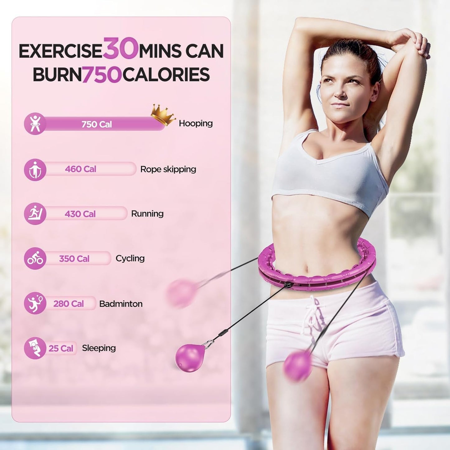 APzek 32 Detachable Knots Weighted Exercise Hoop Plus Size, No Falling Smart Huula Hoop for Adults & Beginners, 2 in 1 Abdomen Fitness Massage with Auto Spinning Ball - Purple