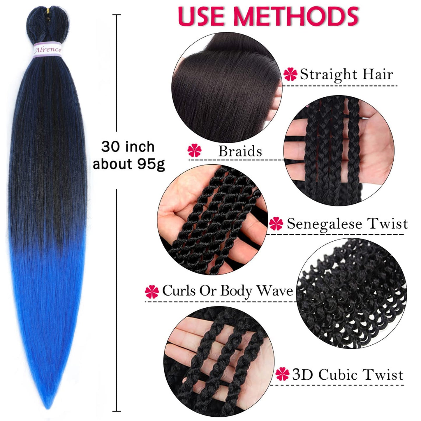 Alrence Pre Stretched Braiding Hair Long Braid 30 Inch 8 Packs Professional Braiding Hair Extensions Synthetic Crochet Twist Braids (30 Inch, 1B/Blue)