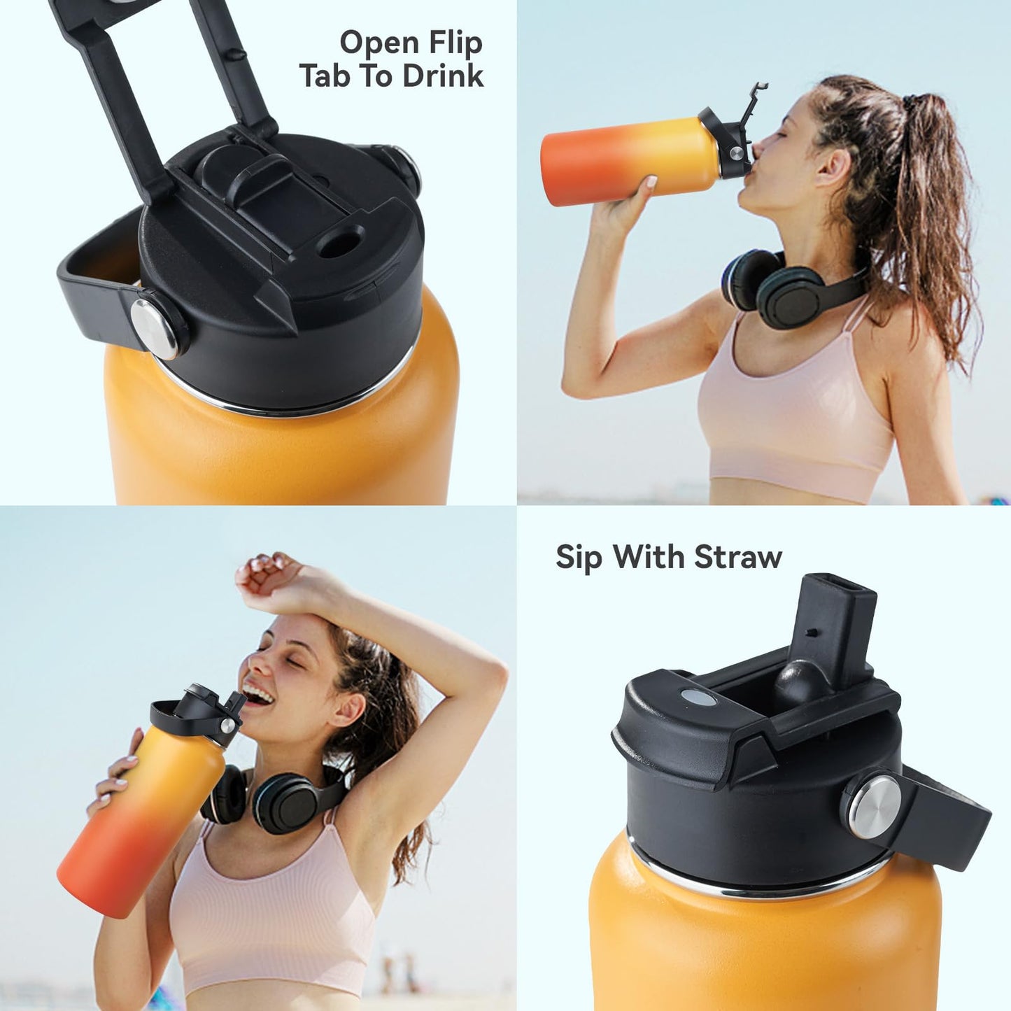 Kerilyn Stainless Steel Insulated Water Bottle, 40oz Double Wall Vacuum Insulated Water Bottle Leak Proof with Silicone Straw, Wide Mouth Lid, BPA Free, Keep Cold and Hot, 40oz, Orange Gradient