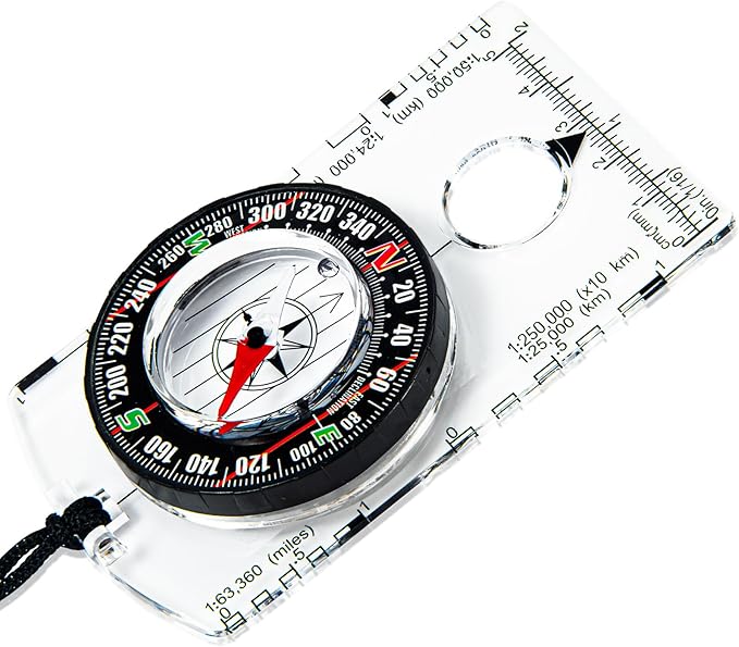 Multipurpose Outdoor Compass for Hiking, Scouting, Camping, and Navigation - Liquid-Filled, Transparent Base with Measuring Scales, Durable and Compact