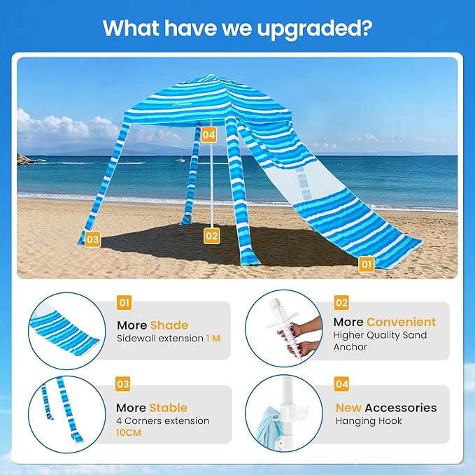 Grandekor 6'x6' UPF 50+ Beach Cabana Canopy Tent Instant Setup Sun Shelter with Sidewalls Sand Anchors Hanging Hooks for Family Beach Trips Outdoor Shade Shelter with Windproof Sand Pockets