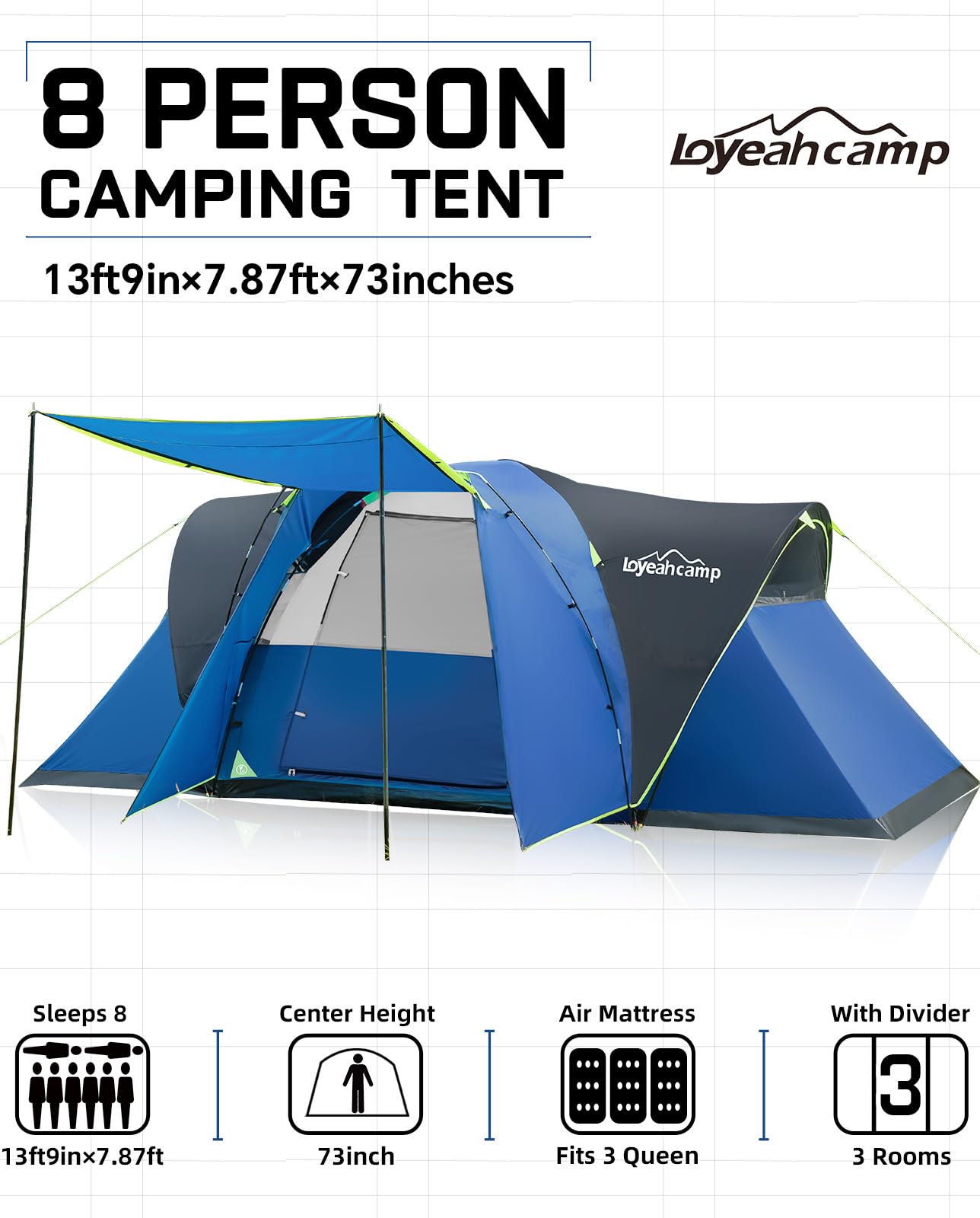 LOYEAHCAMP 8 Person Larger Extended Dome Camping Tent with 3 Rooms, Waterproof Semi-Freestanding Family Outdoor Tent with Spacious Interior and Mesh Windows