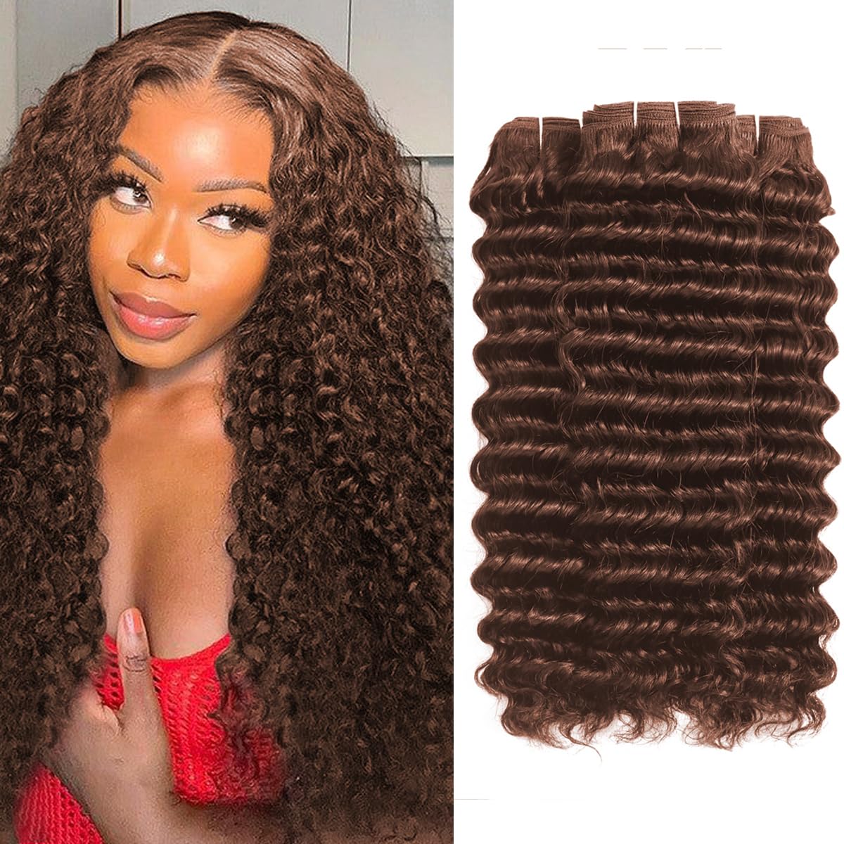 ALLRUN Deep Wave Brown Human Hair Bundles Curly Bundles Chocolate Brown Bundles For Braiding Brazilian Human Hair Bundles Curly Wave Extensions 4# Color 141618 Inch
