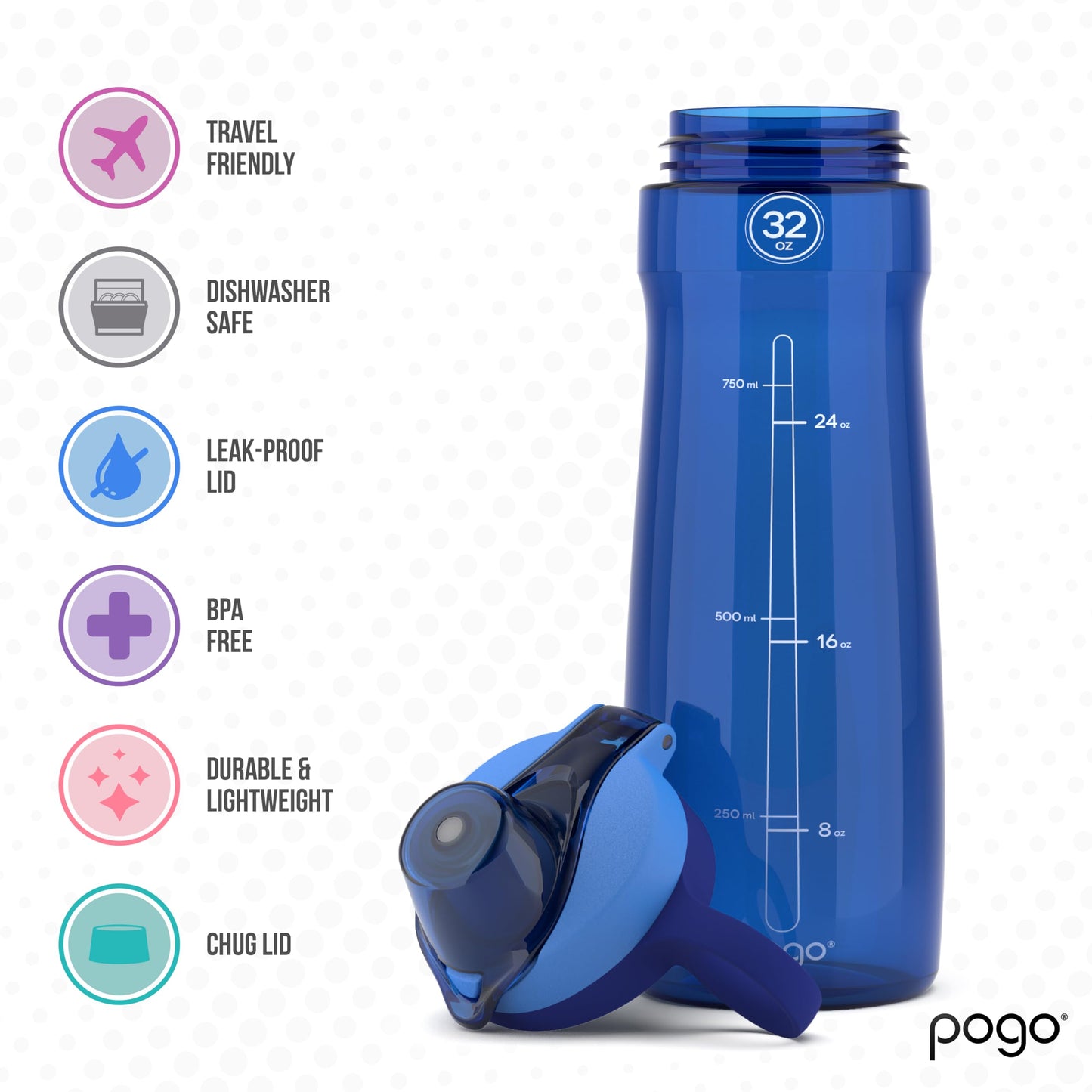 Pogo 32oz Plastic Water Bottle with Chug Lid and Carry Handle, Reusable
