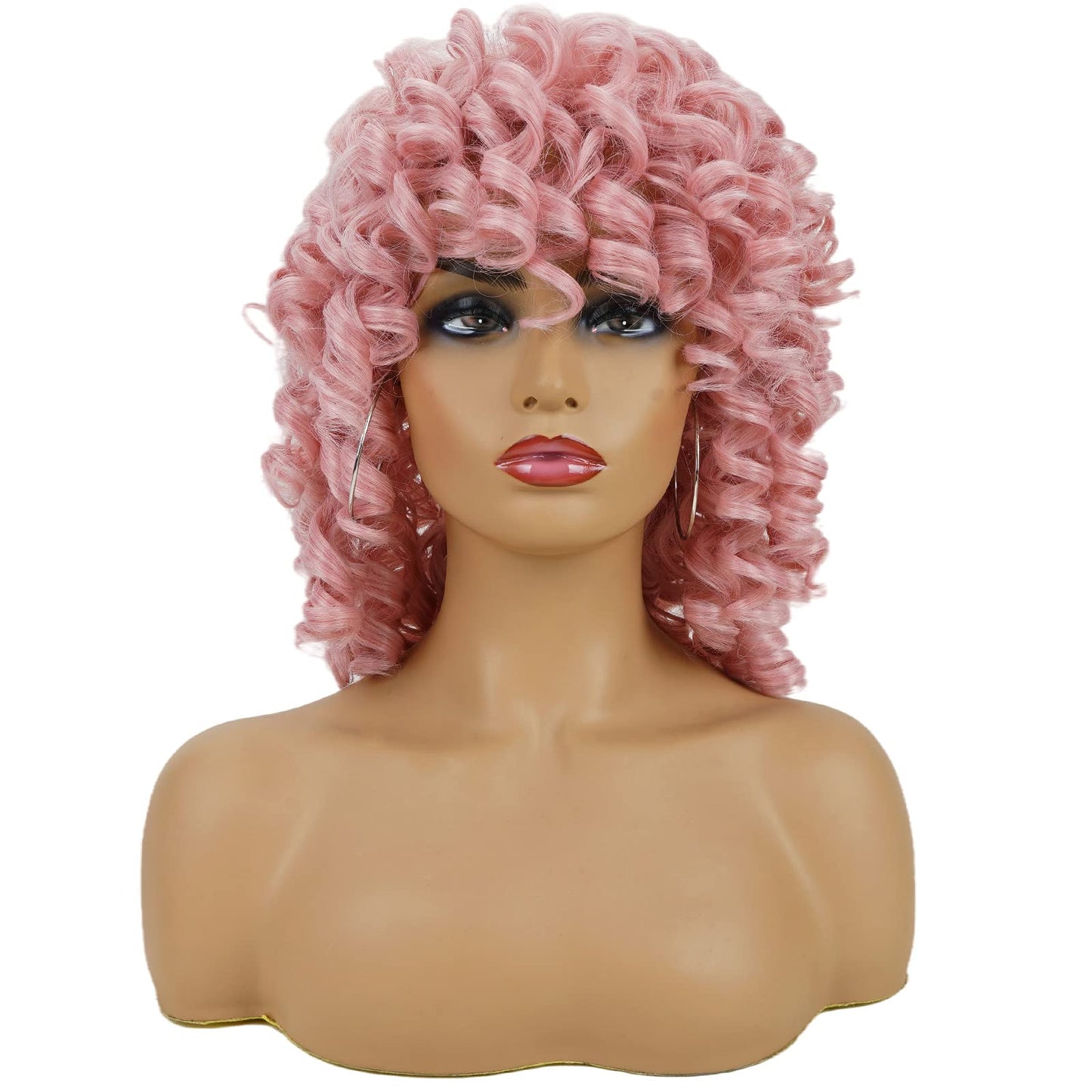 andromeda Pink Curly Wigs for Black Women Short Kinky Curly Wig with Bangs Loose Curly Heat Resistant Fiber Hair Wig for Women Halloween Cosplay Party Wigs (Pink)