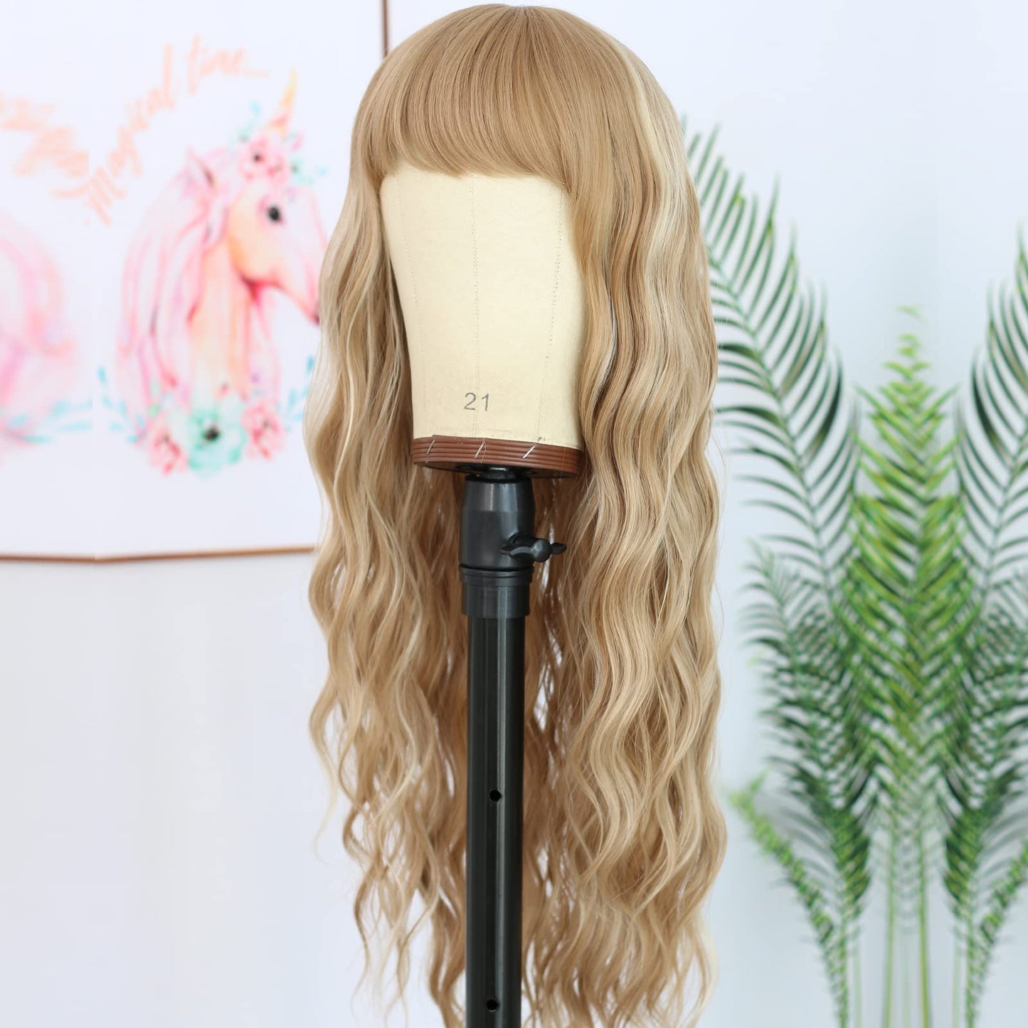 ANDRIA Blonde Wig Brown with Blonde Stripe Highlight Long Loose Curly Wavy Wig with Bangs Synthetic Heat Resistant Fiber Hair Colorful Wigs for White Women(Brown with Blonde Stripe Highlight)