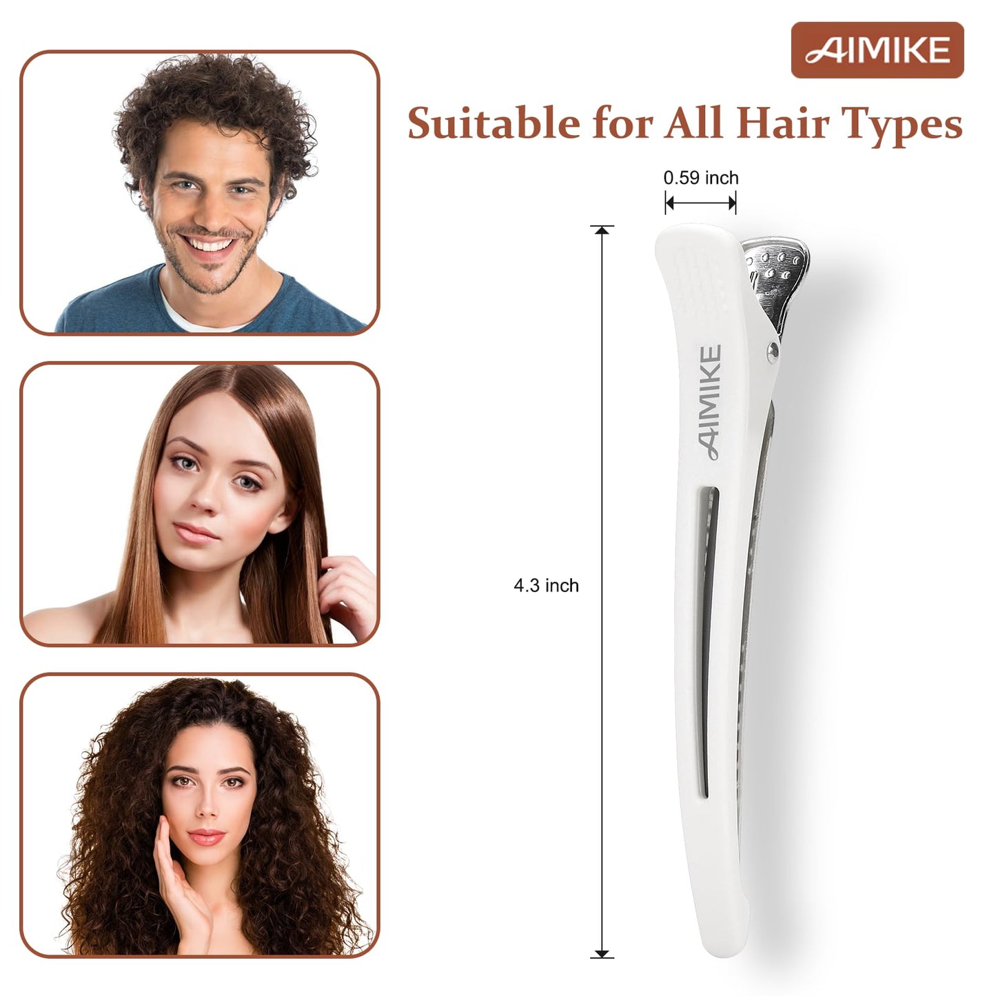 AIMIKE 6pcs Professional Hair Clips for Styling Sectioning, Non Slip No-Trace Duck Billed Hair Clips with Silicone Band, Salon and Home Hair Cutting Clips for Hairdresser, Women, Men - White 4.3” Long
