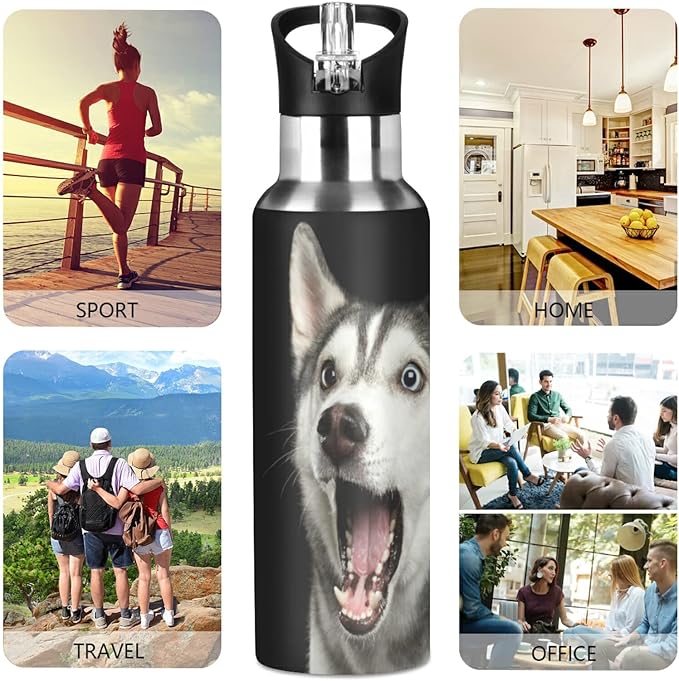 Blueangle 20oz Siberian Husky Dog Water Bottle, BPA Free Stainless Steel Water Bottle Leak-Proof Sports Bottle for Camping Workouts Gym and Outdoor Activity