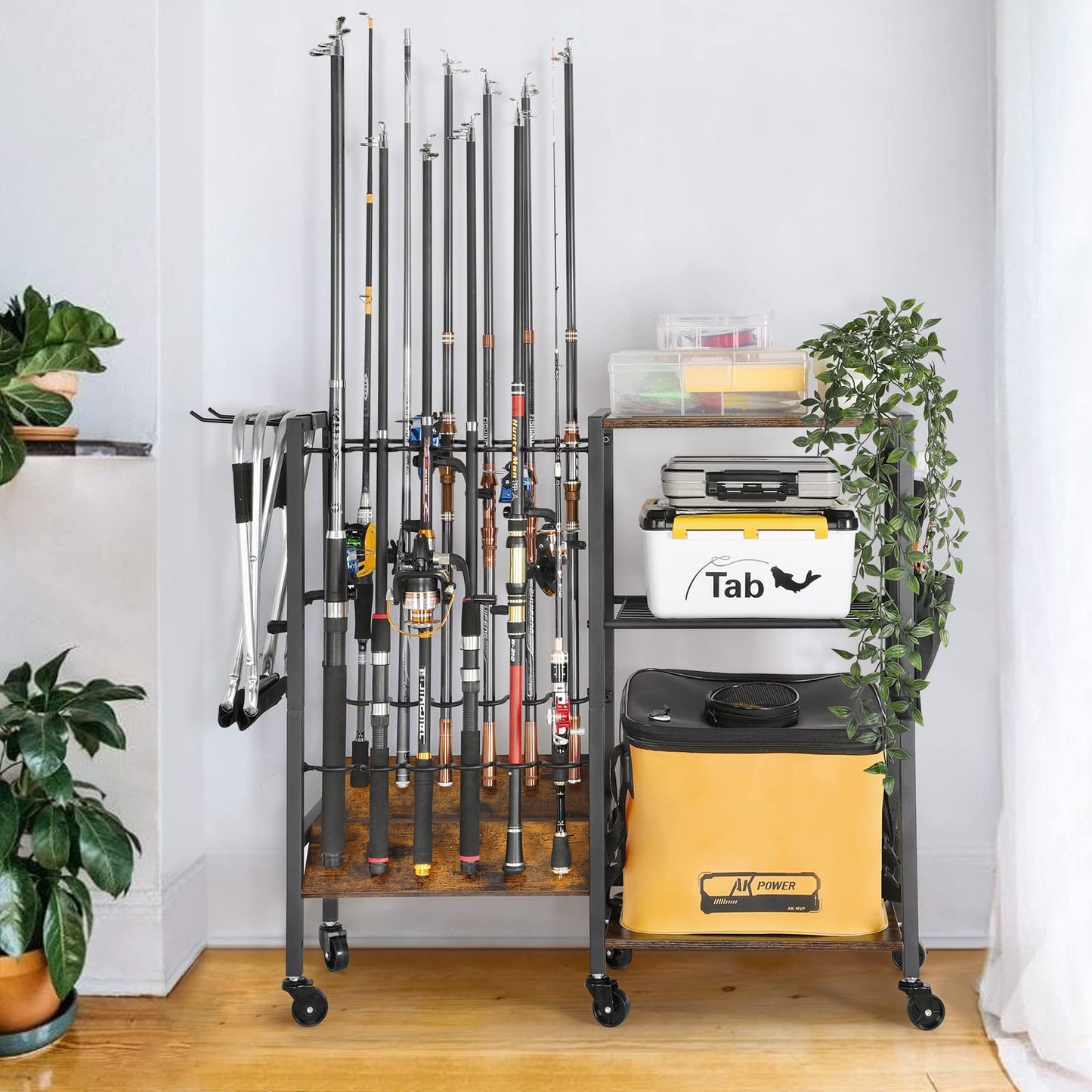 Olakee Fishing Rod Holders Fishing Gear Fishing Equipment Organizers Fishing Pole Holders Fishing Rod Tackle Cart for Garage Home Entryway Corner