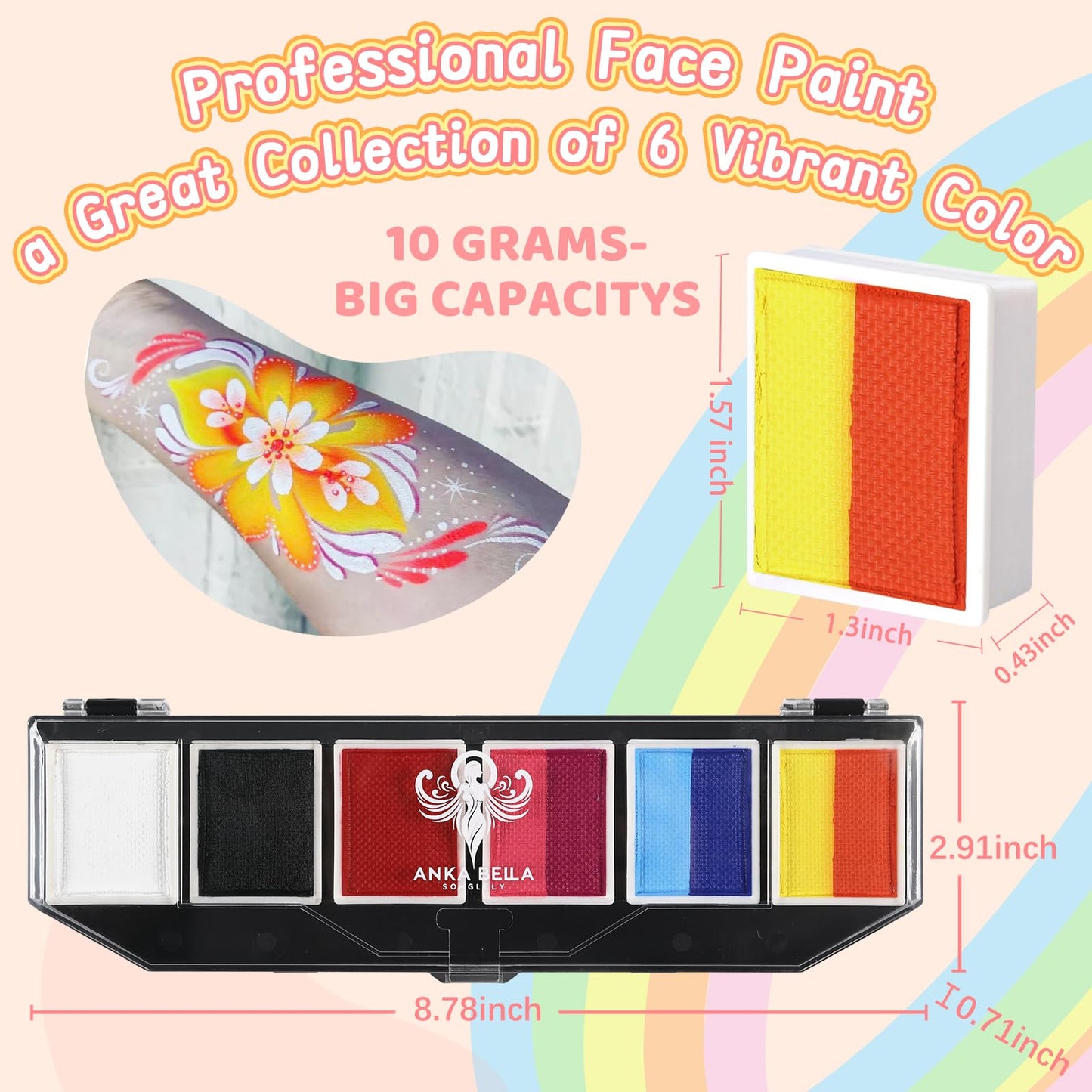 Anka Bella Professional Face Paint(60gm),Water Activated Face Body Painting Kit for Kids & Adults,Hypoallergenic & Non-Toxic,Perfect for Birthday Parties/Halloween/Carnival
