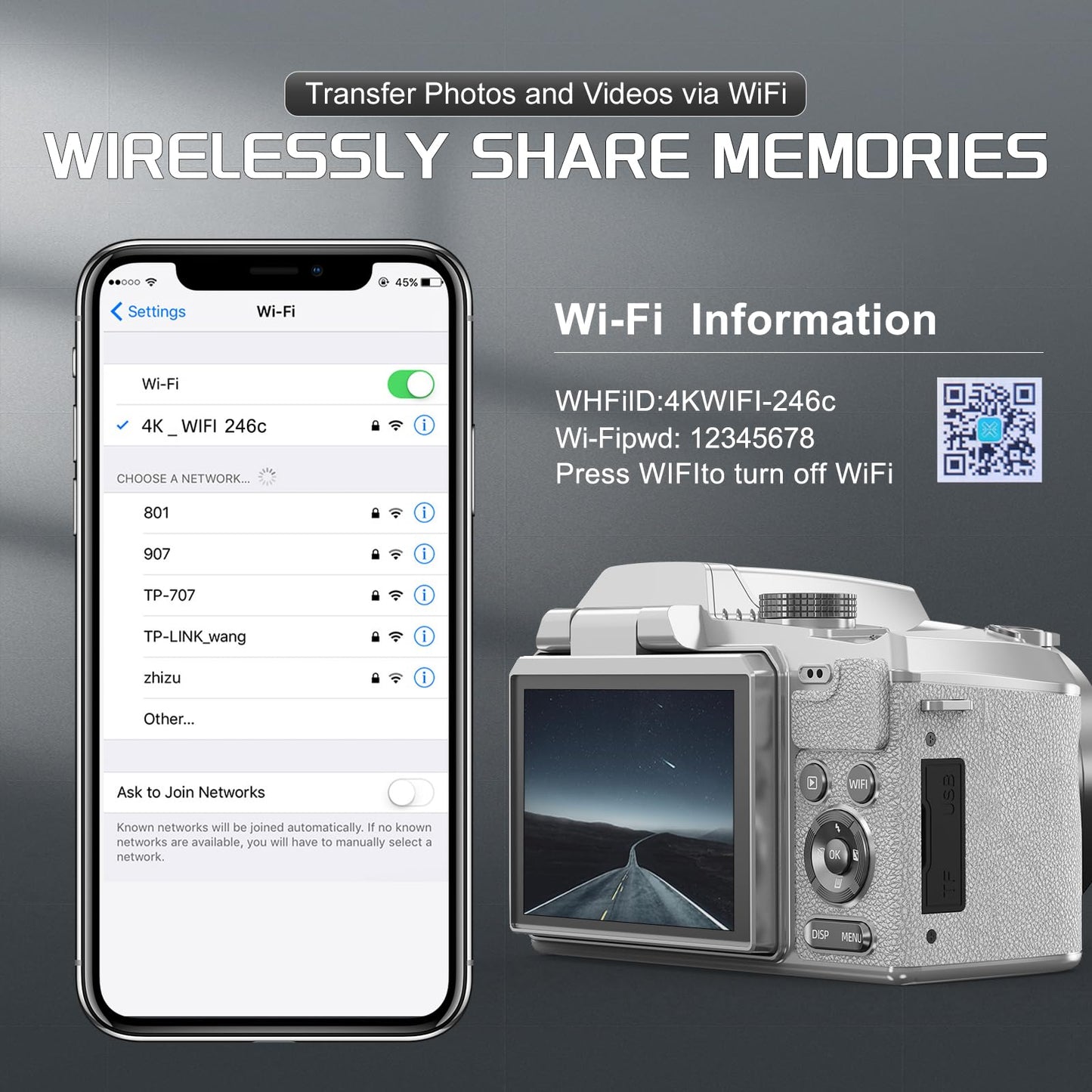 64MP Professional Digital Camera for Photography Autofocus, 5K Vlogging Camera for YouTube,16X Anti-Shake Compact Travel Camera with WiFi & App Control, Flash,SD Card, 2 Batteries (White)