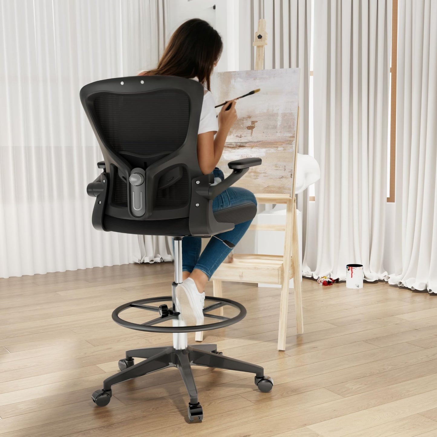 FLEXISPOT Upgraded Drafting Chair Tall Office Chair with 2D Lumbar,3D Flip-up Armrest,Standing Desk Chair with Breathable Mesh Adjustable Foot Ring Stool BIFMA Certified for Home Office,Drawing,Black