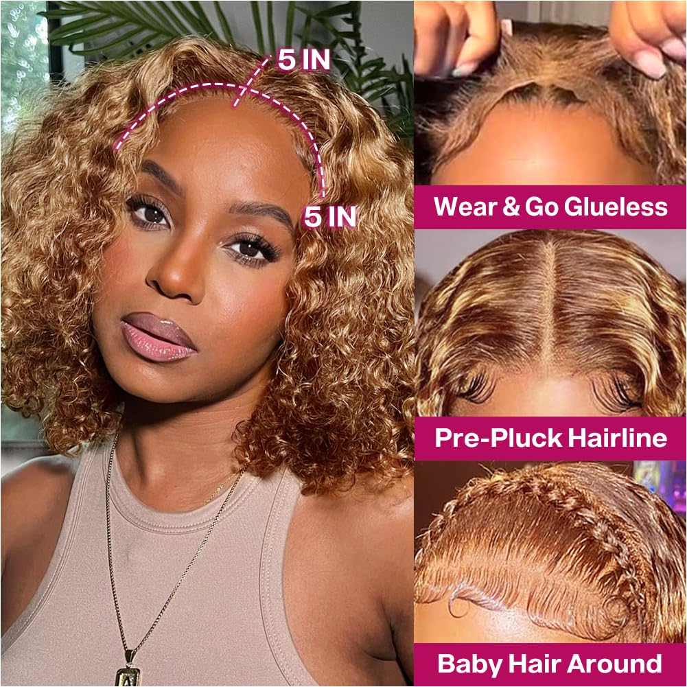 Ailwelia Highlight Blonde Wear And Go Glueless Curly Bob Wig Pre Plucked 4/27 5x5 Hd Lace Closure Wigs Human Hair For Black Women 200% Density Deep Wave Glueless Wigs Human Hair Bob 12 Inch