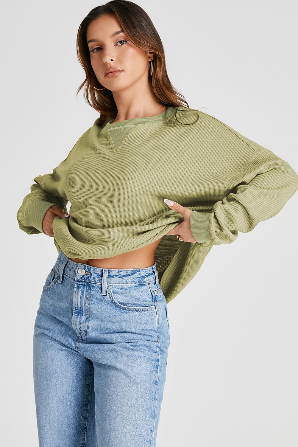 AlvaQ Sweatshirts for Women 2024 Casual Waffle Knit Tops Shirts Long Sleeve Drop Shoulder Oversized Sweatshirts Fall Fashion Outfits Green Large