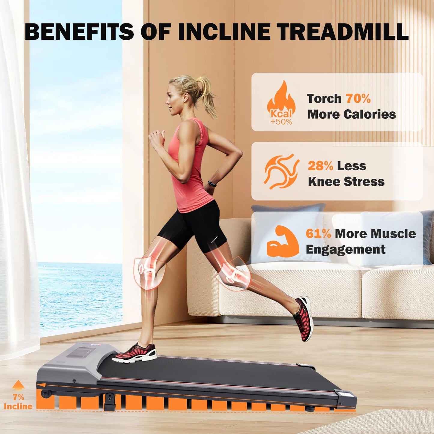 Walking Pad with 7% Incline and APP&Remote Control,300+lb Capacity Under Desk Treadmill 2.5HP Treadmill,10 HIIT Modes Treadmills for Home Office