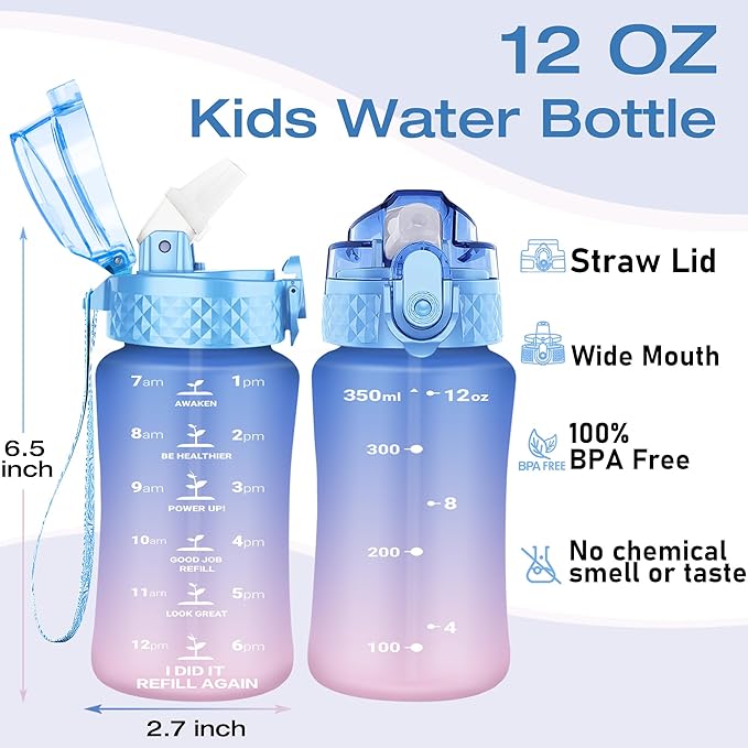OLDLEY Kids Water Bottle for School, 12 oz, BPA-Free, Reusable, Leak-proof, Durable Tritan Plastic, One-handed Opening, Anti-dust Spout Cover