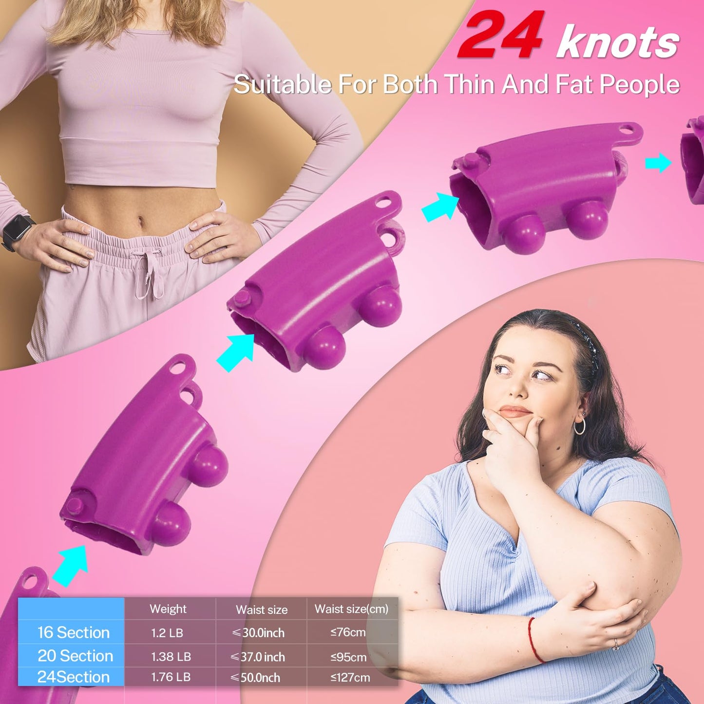 Brebon Weighted Hoola Infinity Exercise Fit Hoops Plus Size, 2 in 1 Weight Loss 24 Detachable Knots Hoops Adjustable Auto-Spinning Ball Abdomen Fitness Equipment for Adult, Purple