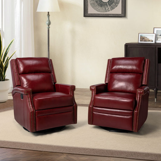 HULALA HOME Genuine Leather Swivel Rocker Recliner Chair Set of 2 for Living Room,Manual Glider Recliner with Adjustable Backrest&Footrest,Modern Home Theater Sofa Armchair with Nailhead Trim,BURGUNDY