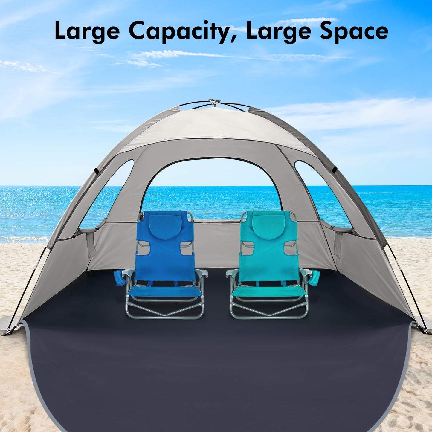 WhiteFang Beach Tent Anti-UV Portable Sun Shade Shelter for 4 Person, Extendable Floor with 3 Ventilating Mesh Windows Plus Carrying Bag, Stakes and Guy Lines (Baby's Breath)