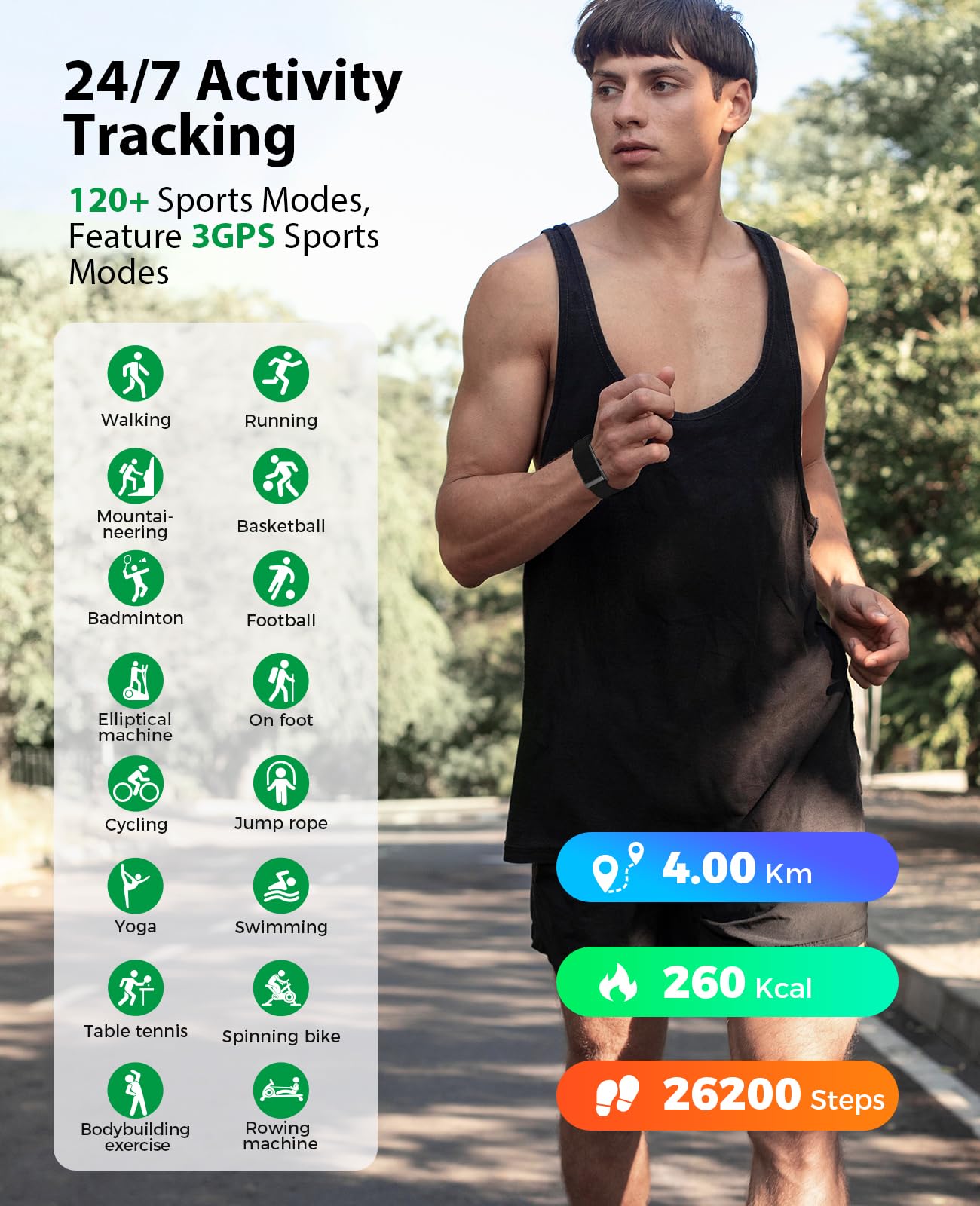 Smart Bracelet, Wearable Activity & Fitness Tracker Band, 24H Sleep Tracker, All-Day Continuous Heart Rate Blood Pressure Stress HRV Monitor, 120+ Sport Modes Smart Wristband with Free APP 2 Bands