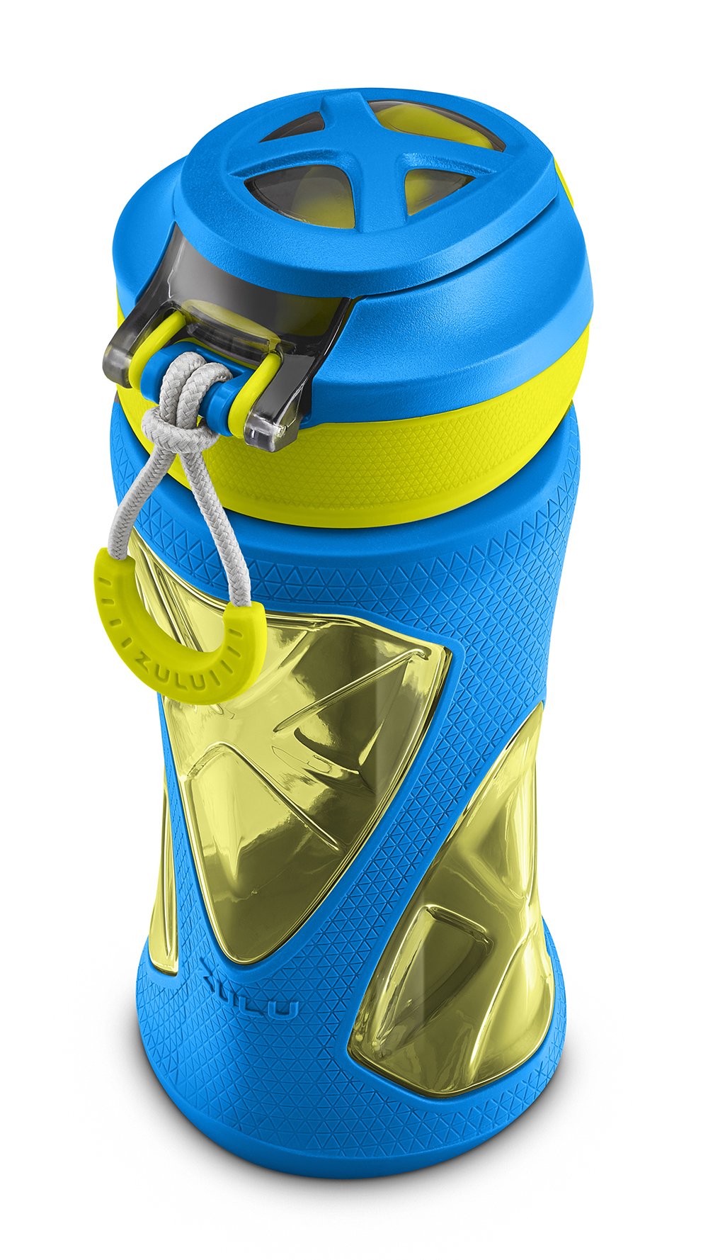 Zulu Torque 16oz Plastic Kids Water Bottle with Silicone Sleeve and Leak-Proof Locking Flip Lid and Soft Touch Carry Loop for School Backpack, Lunchbox, Outdoor Sports, BPA-Free Dishwasher Safe, Gray, Blue