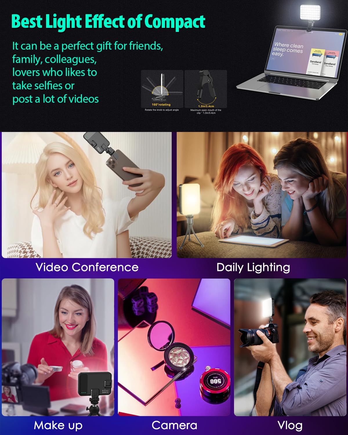 60 LED Portable Selfie Light Video Conference Lighting with Clip & Camera Tripod Adapter Rechargeable 2200mAh CRI 97+, 3 Light Modes for Phone iPhone Webcam Laptop Photo Makeup (Dark Greay)