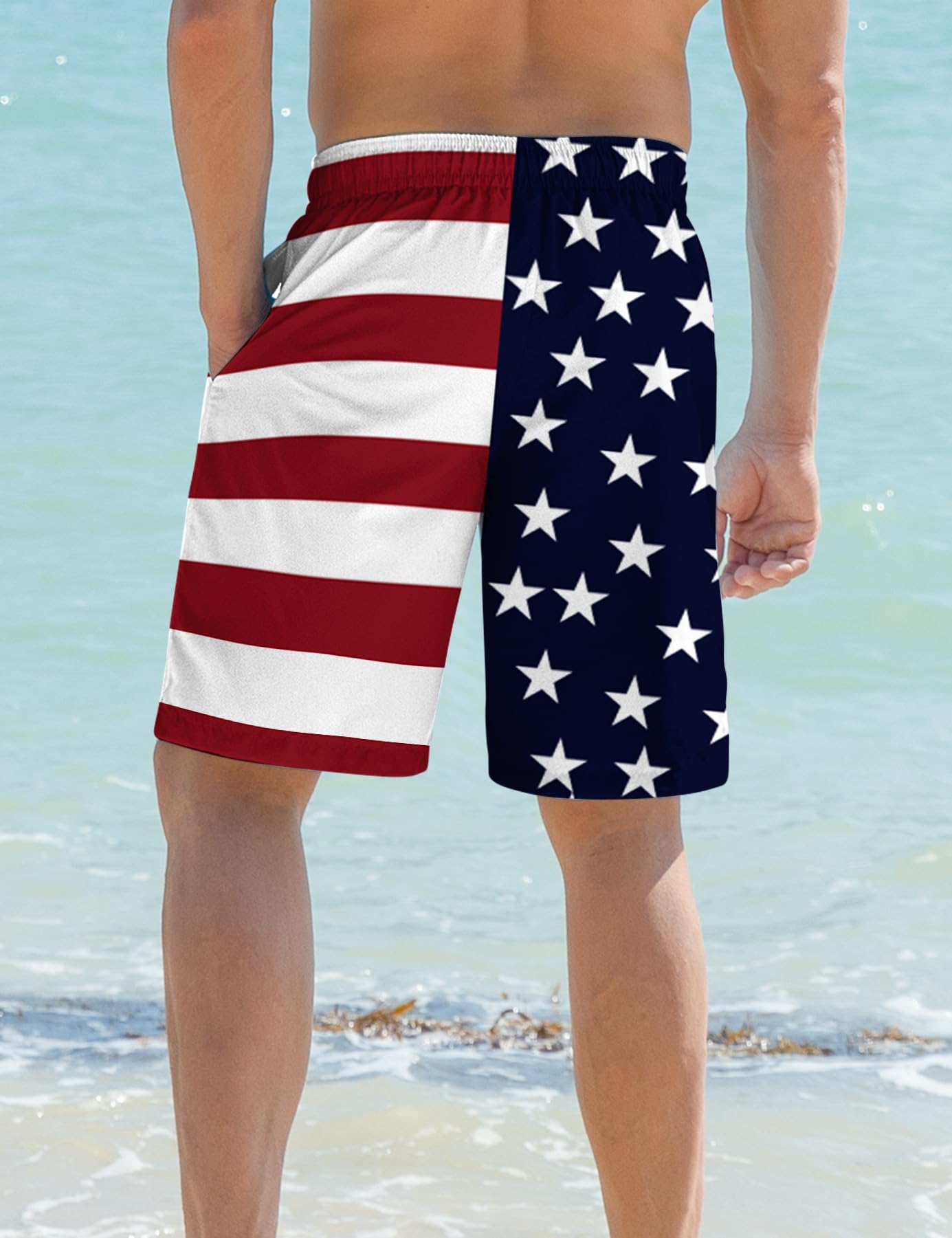 ALISISTER Men American Flag Swim Trunks Compression Liner Fourth of July Board Shorts Independence Day Boardshorts USA Swimsuits Cool Swimwear 7 Inch